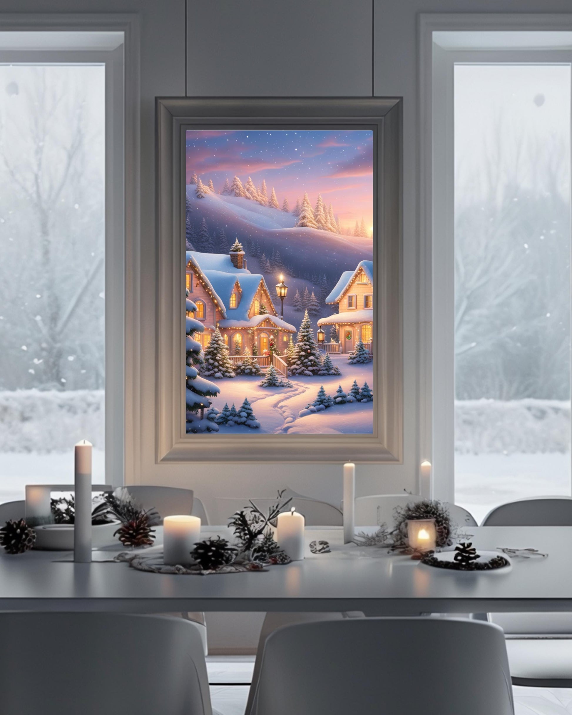 This poster showcases a cozy snowy cottage surrounded by trees under a winter sky. Displayed in various room settings, including living room, bedroom, or nursery, it's ideal for winter decor and holiday-themed interiors.