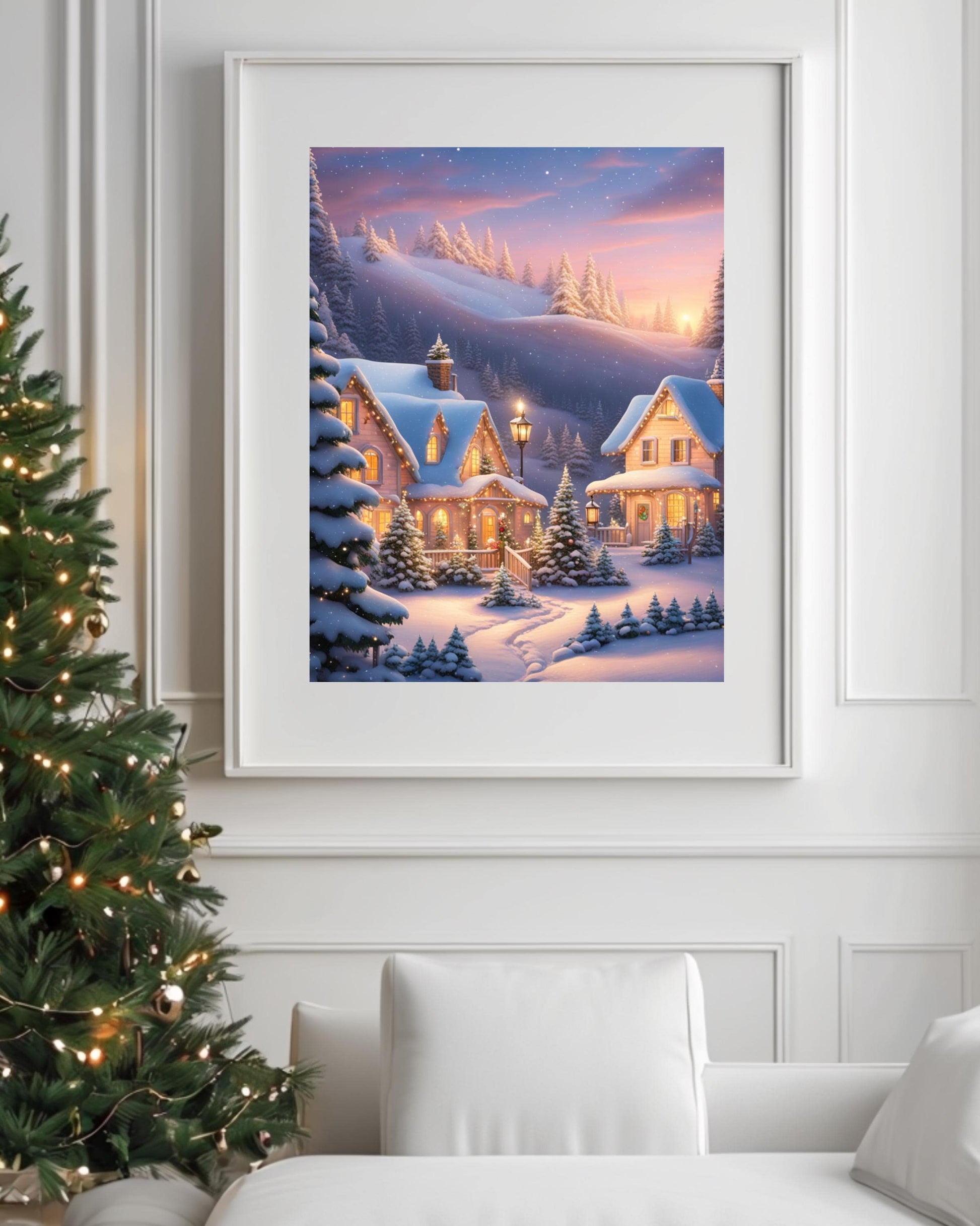 This poster showcases a cozy snowy cottage surrounded by trees under a winter sky. Displayed in various room settings, including living room, bedroom, or nursery, it's ideal for winter decor and holiday-themed interiors.