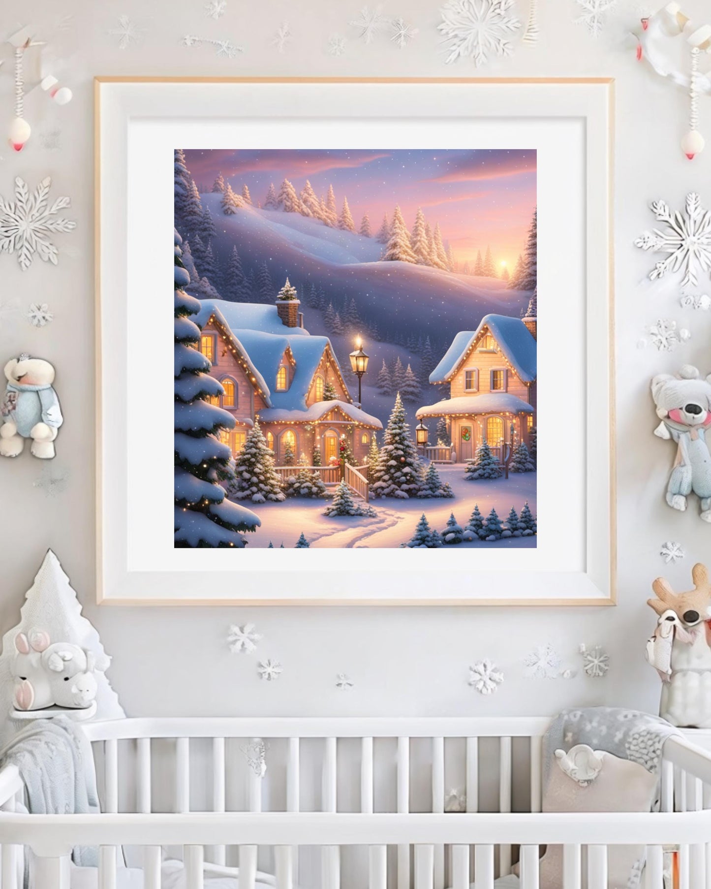 This poster showcases a cozy snowy cottage surrounded by trees under a winter sky. Displayed in various room settings, including living room, bedroom, or nursery, it's ideal for winter decor and holiday-themed interiors.