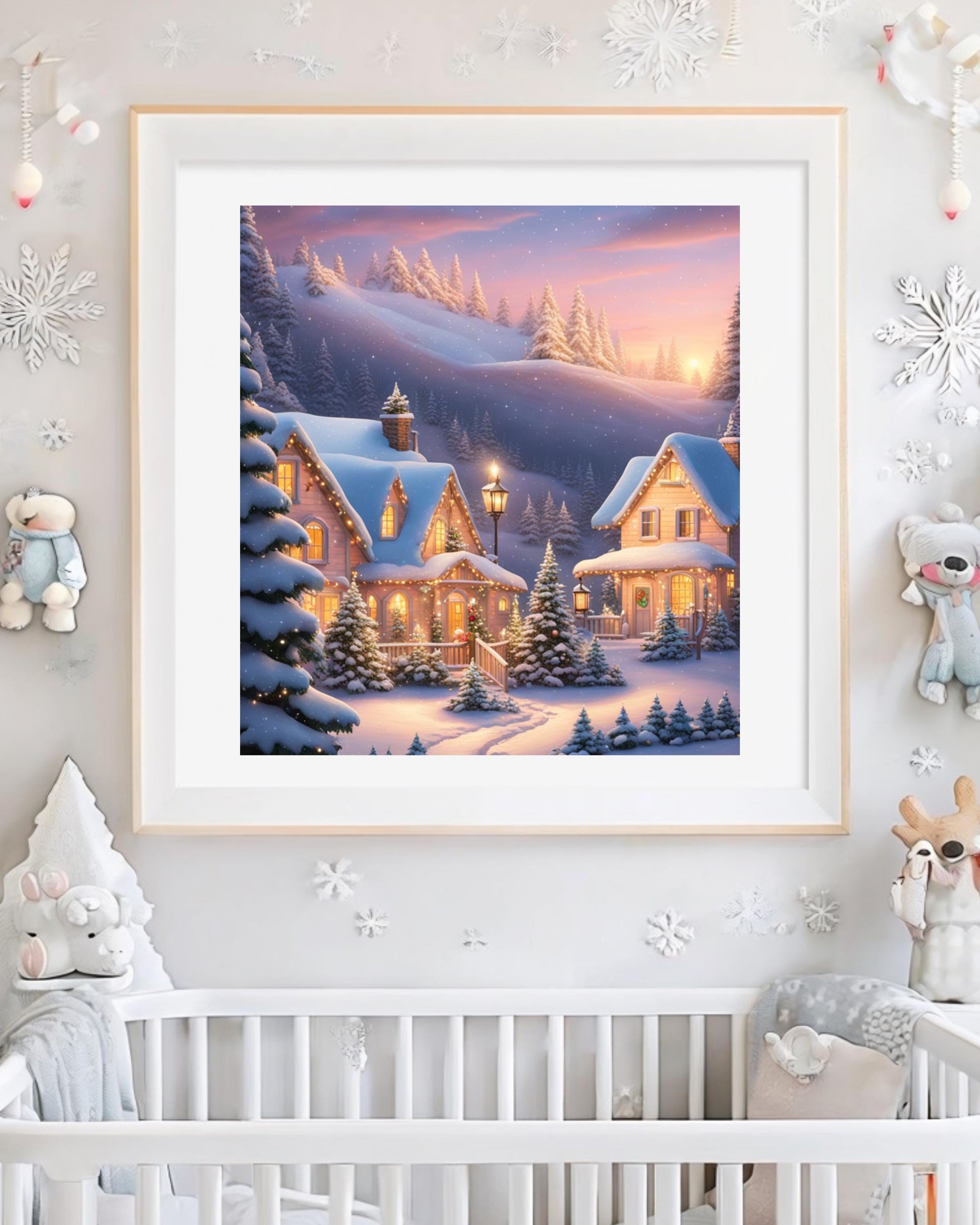 This poster showcases a cozy snowy cottage surrounded by trees under a winter sky. Displayed in various room settings, including living room, bedroom, or nursery, it's ideal for winter decor and holiday-themed interiors.