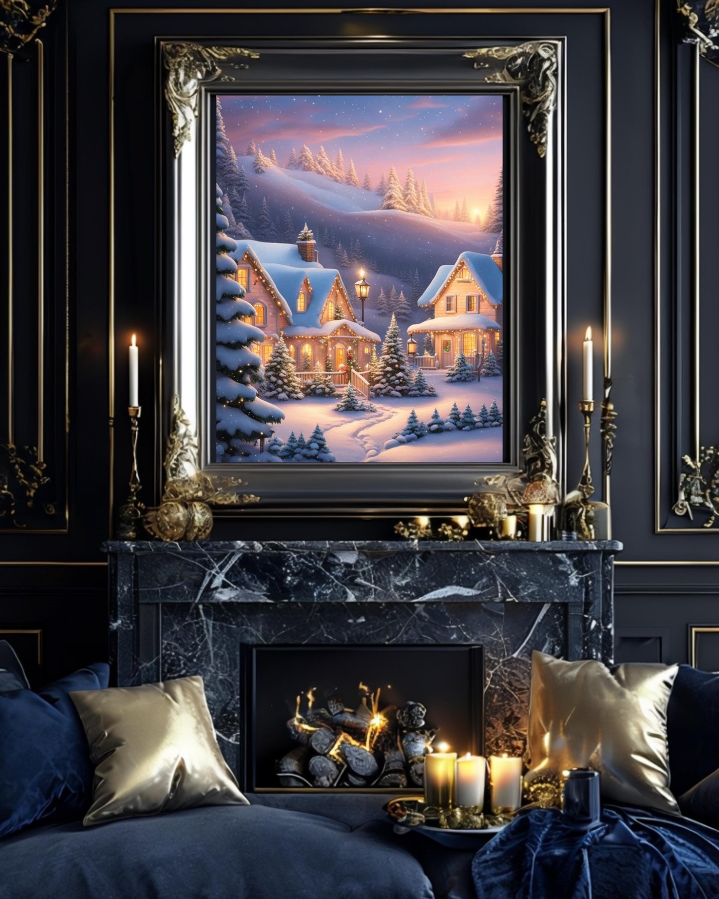 This poster showcases a cozy snowy cottage surrounded by trees under a winter sky. Displayed in various room settings, including living room, bedroom, or nursery, it's ideal for winter decor and holiday-themed interiors.