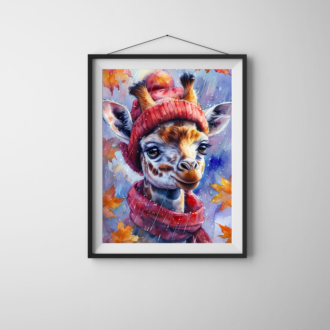 Whimsical Giraffe Art Print | Cozy Autumn Animal Decor | Digital Download for Kids Room