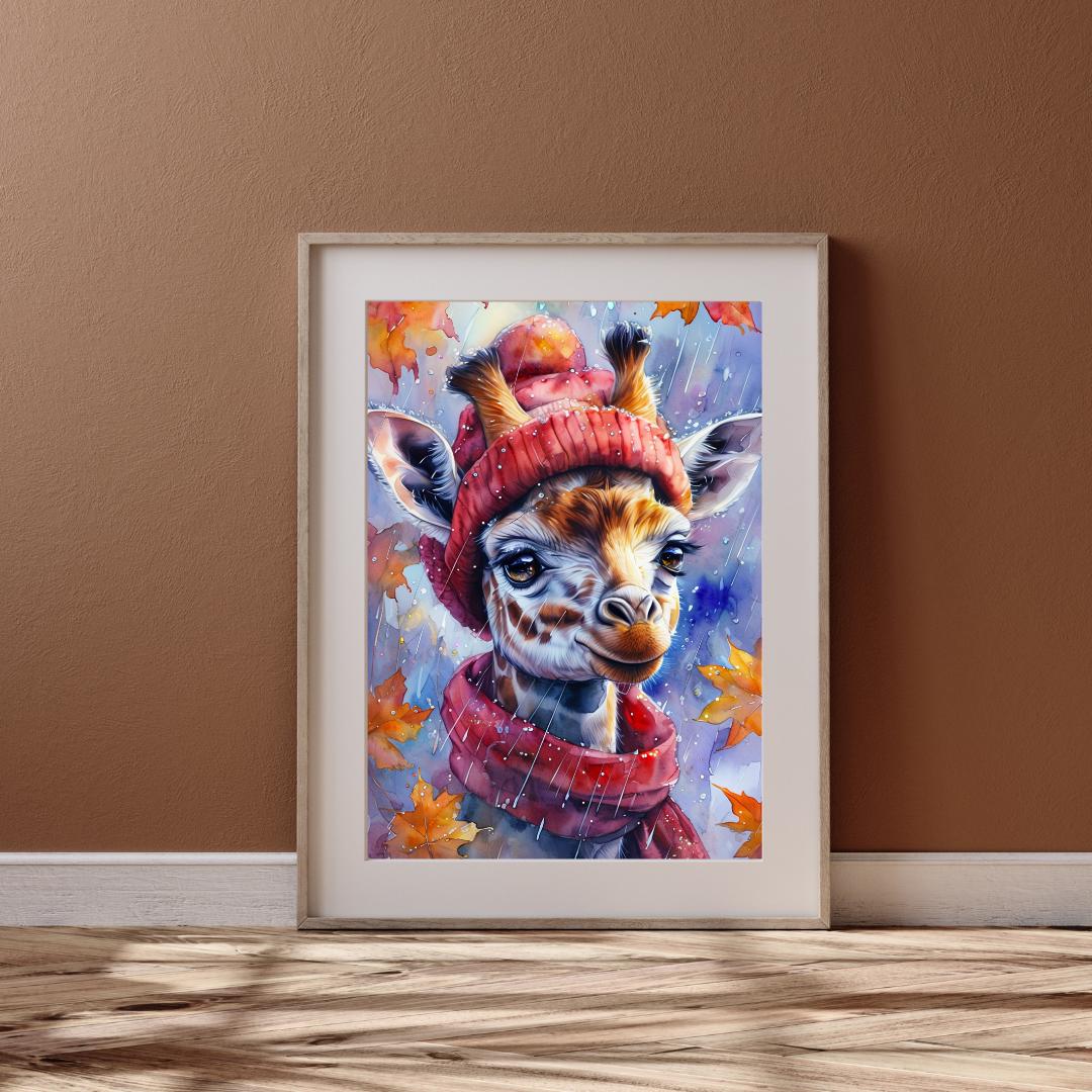 Whimsical Giraffe Art Print | Cozy Autumn Animal Decor | Digital Download for Kids Room