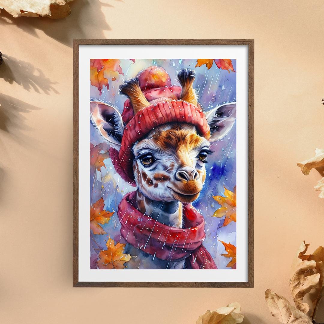 Whimsical Giraffe Art Print | Cozy Autumn Animal Decor | Digital Download for Kids Room