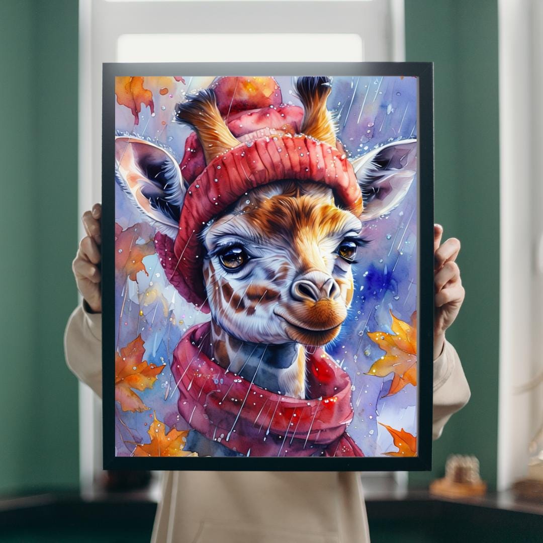 Whimsical Giraffe Art Print | Cozy Autumn Animal Decor | Digital Download for Kids Room
