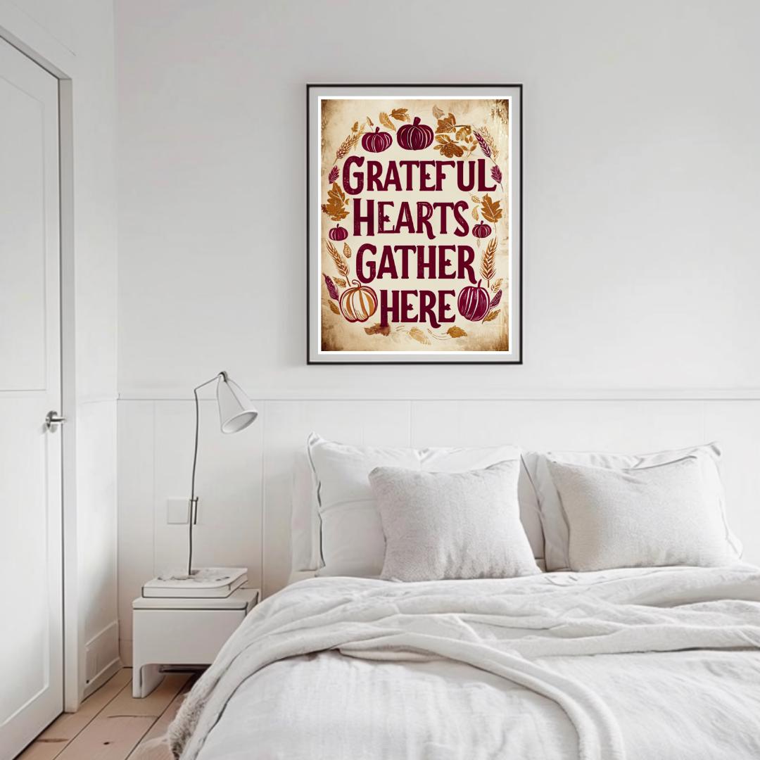 Grateful Hearts Gather Here poster displayed in a cozy, rustic art studio with a brick wall background, capturing the autumn vibe with warm colors and a festive theme.