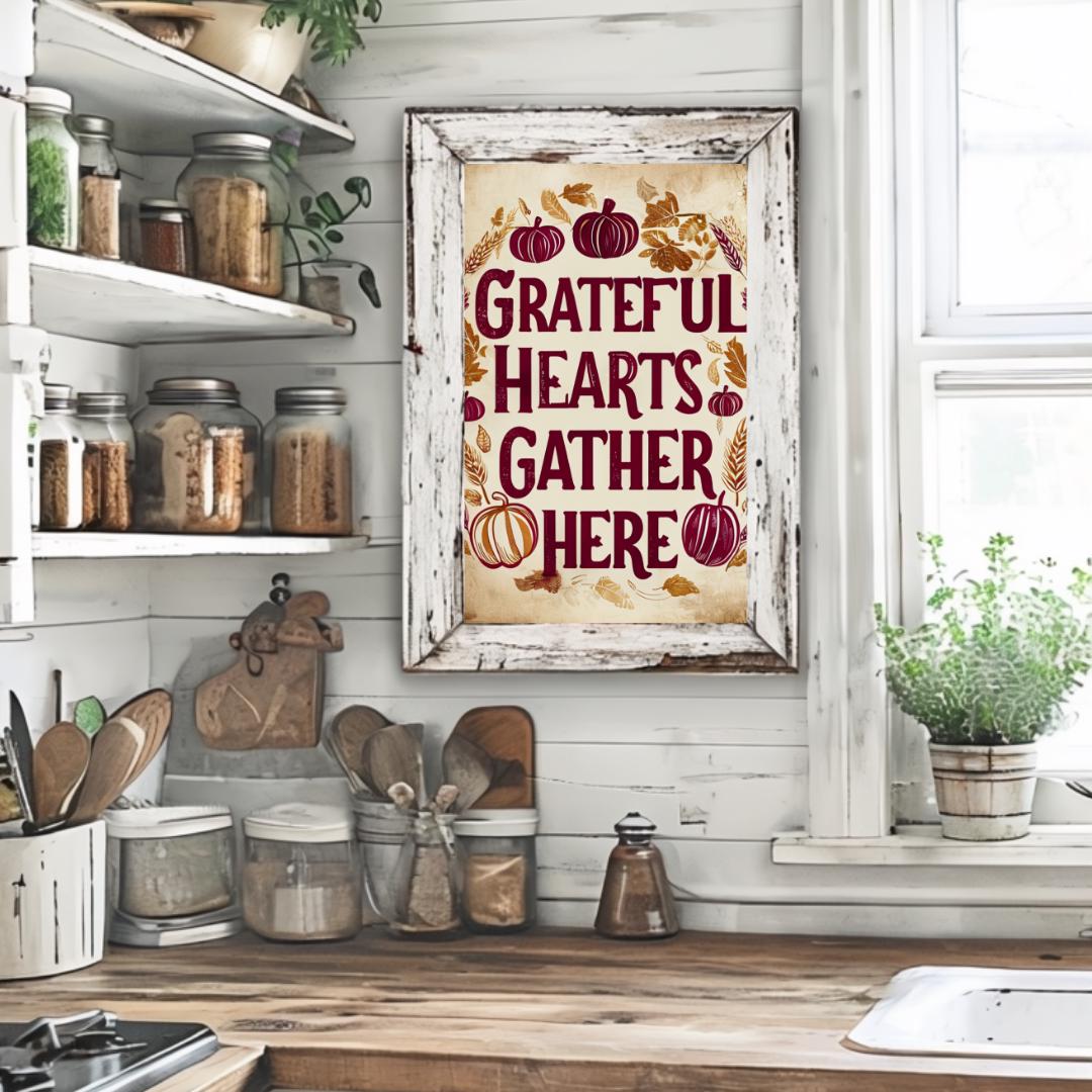 Grateful Hearts Gather Here poster displayed in a cozy, rustic art studio with a brick wall background, capturing the autumn vibe with warm colors and a festive theme.