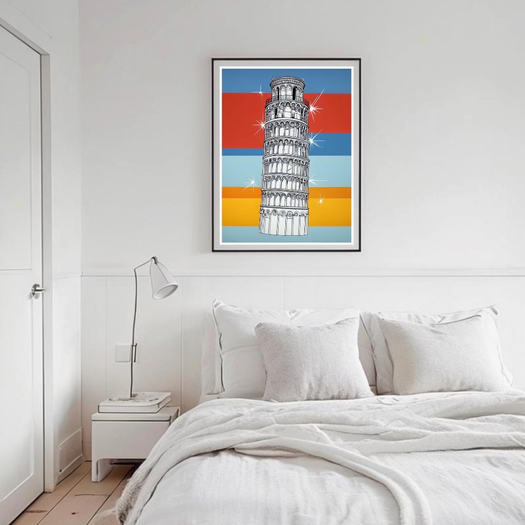 Poster of the Leaning Tower of Pisa with colorful retro background, displayed in a minimalist room setting to evoke Italian travel and architectural charm.