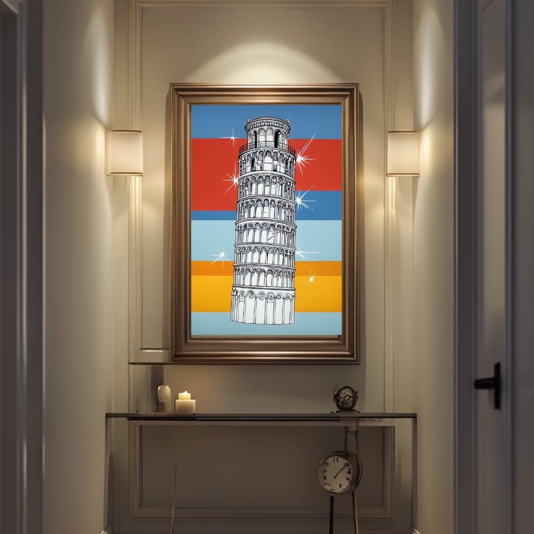 Poster of the Leaning Tower of Pisa with colorful retro background, displayed in a minimalist room setting to evoke Italian travel and architectural charm.