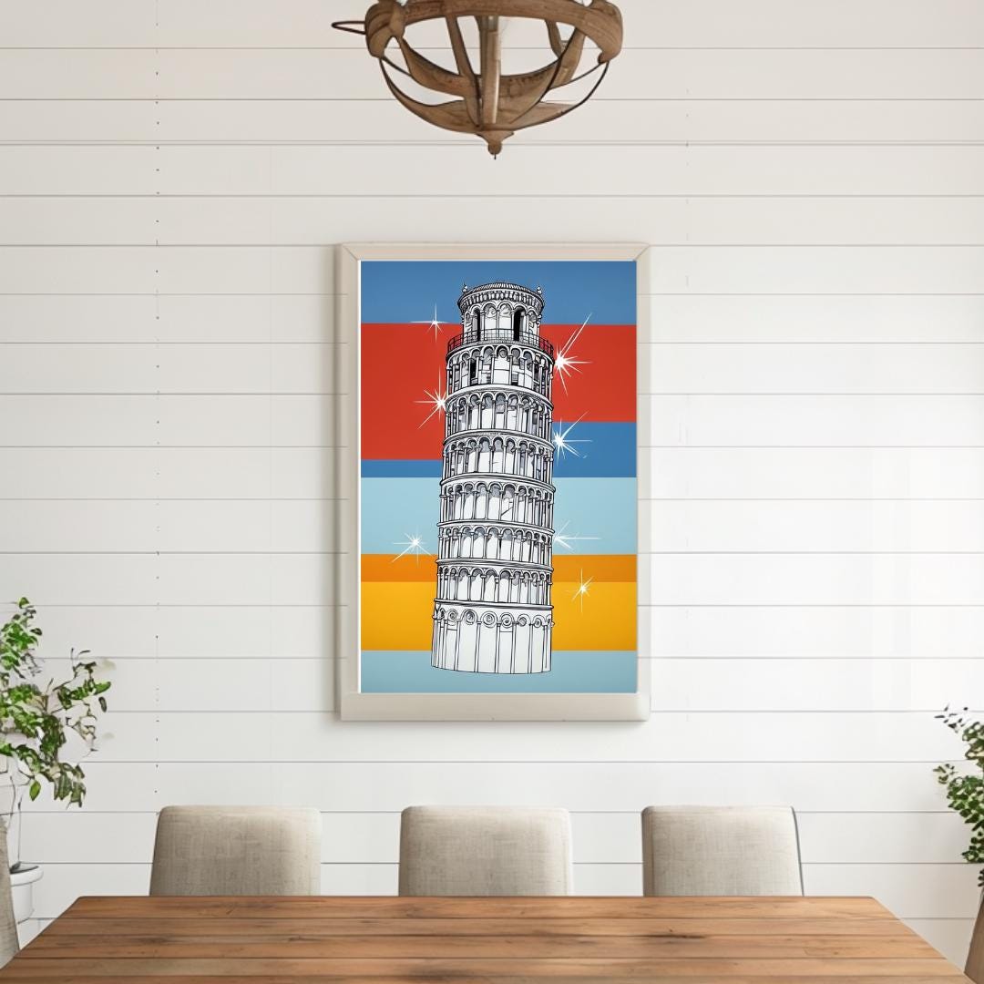 Poster of the Leaning Tower of Pisa with colorful retro background, displayed in a minimalist room setting to evoke Italian travel and architectural charm.