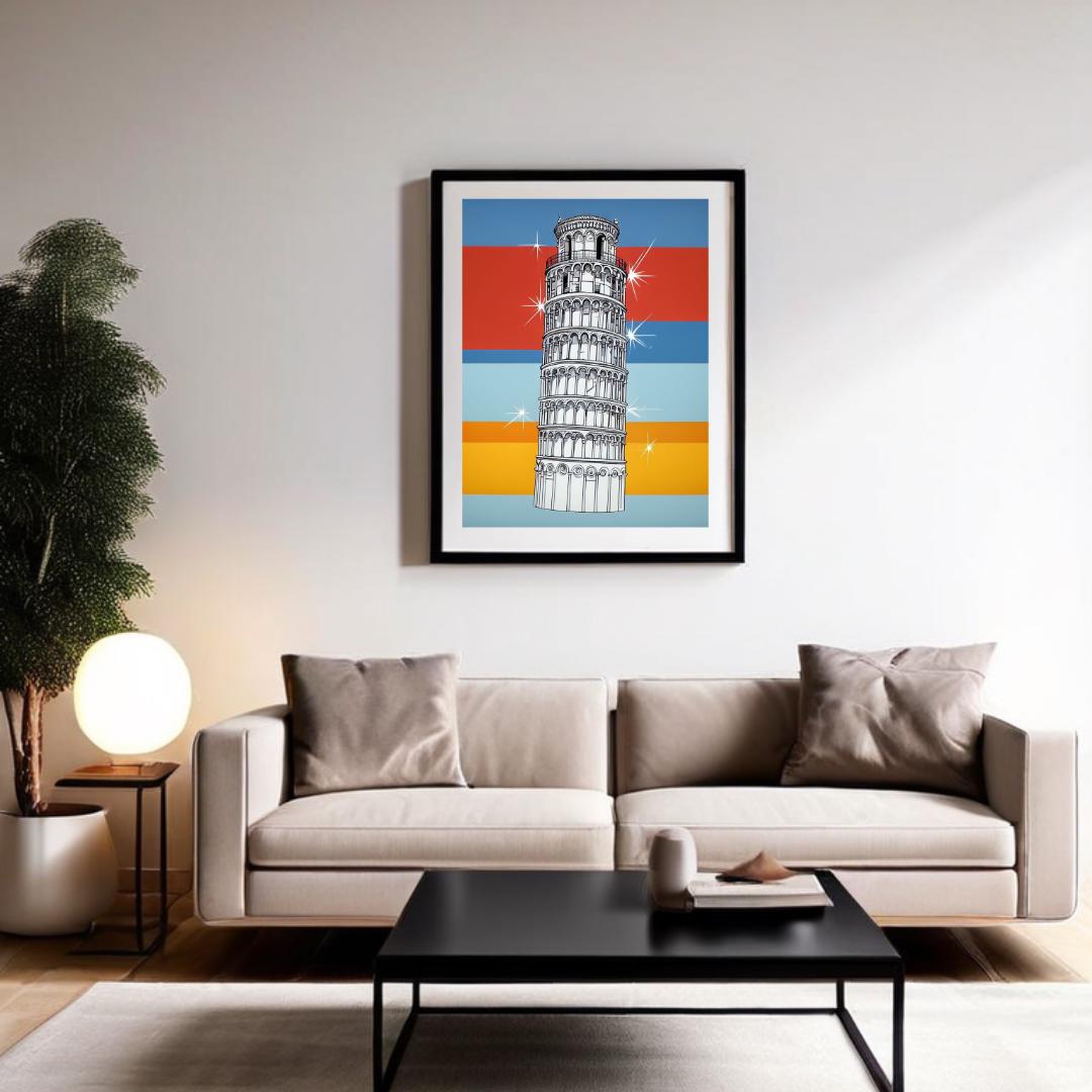 Poster of the Leaning Tower of Pisa with colorful retro background, displayed in a minimalist room setting to evoke Italian travel and architectural charm.