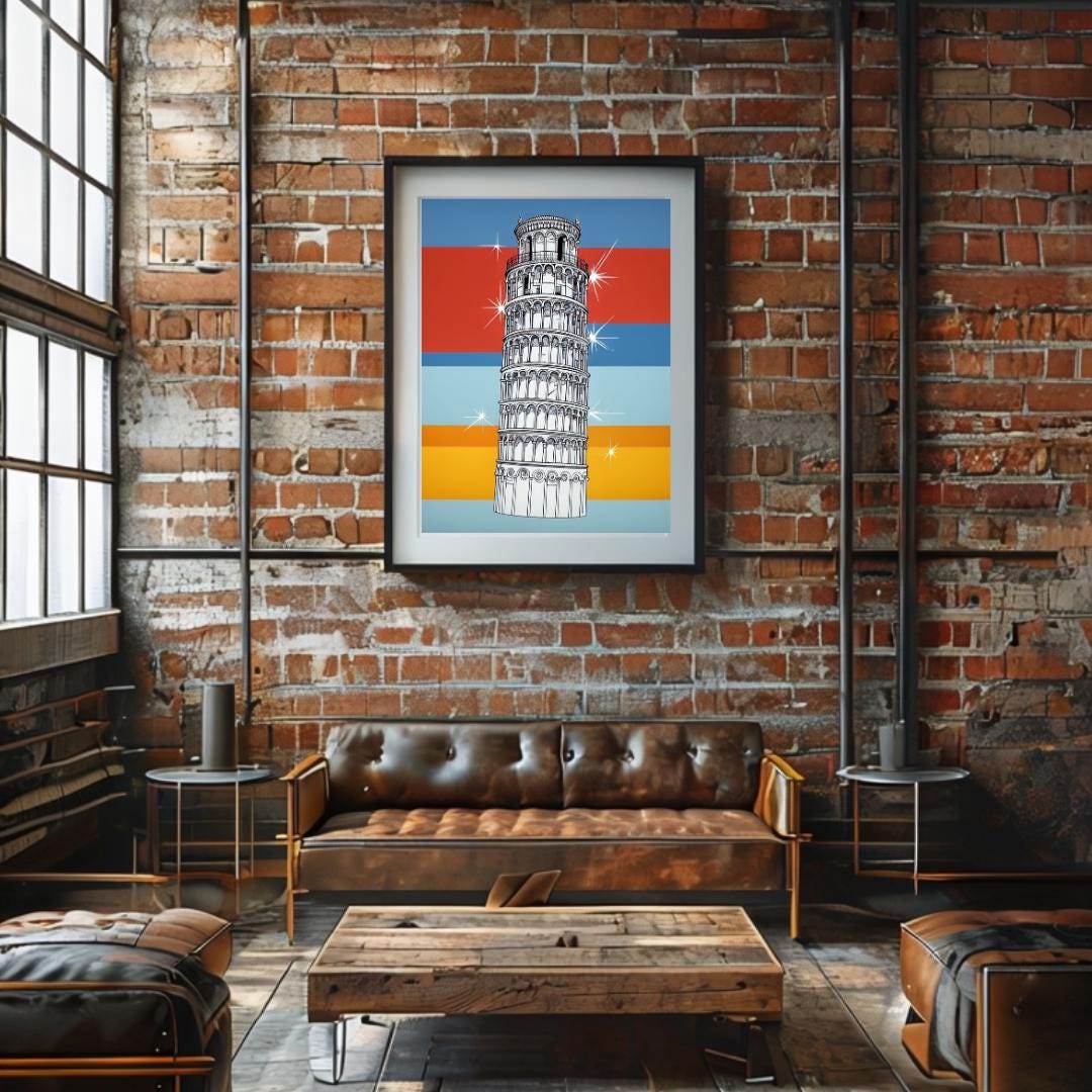 Poster of the Leaning Tower of Pisa with colorful retro background, displayed in a minimalist room setting to evoke Italian travel and architectural charm.