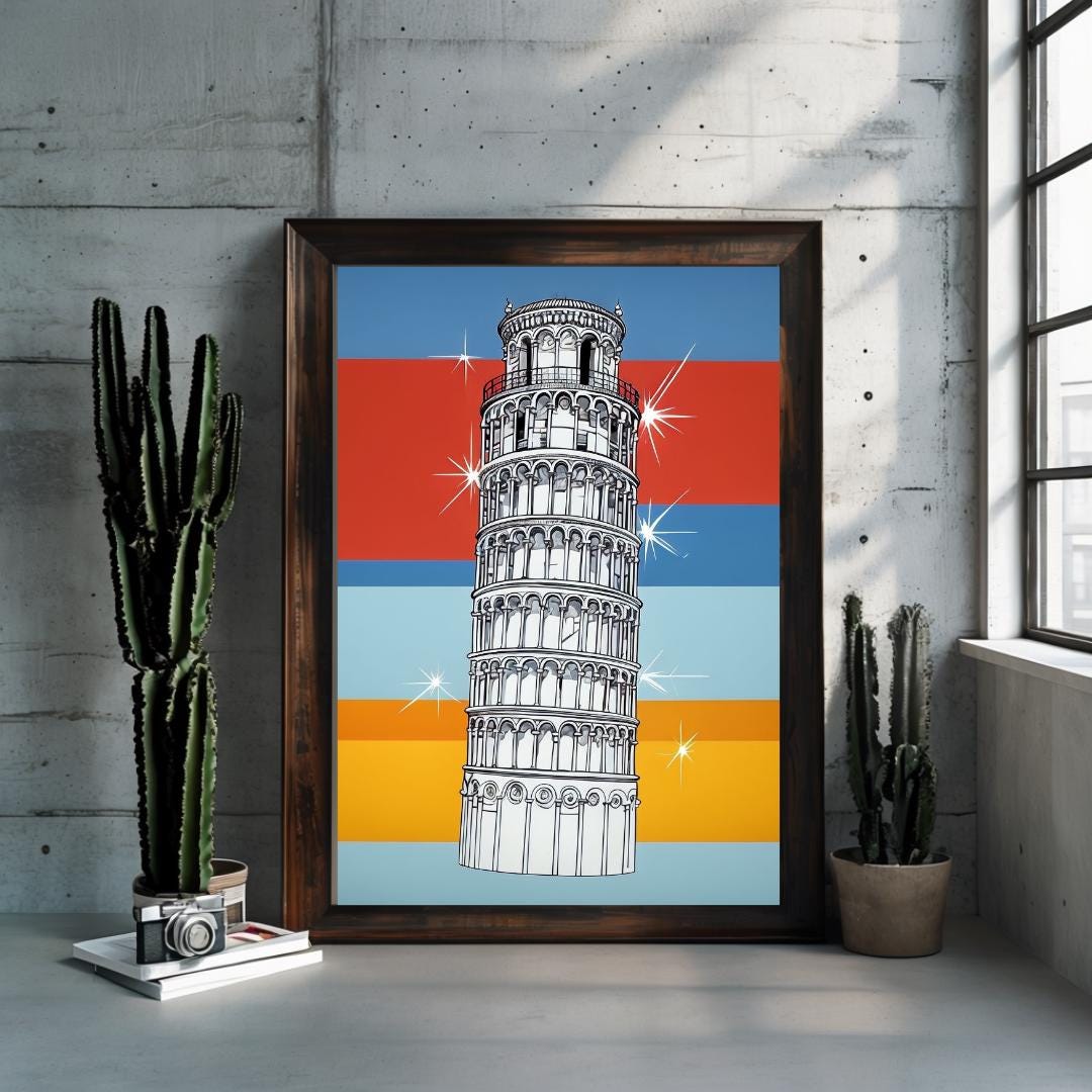 Poster of the Leaning Tower of Pisa with colorful retro background, displayed in a minimalist room setting to evoke Italian travel and architectural charm.