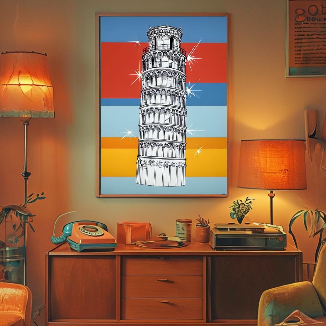 Poster of the Leaning Tower of Pisa with colorful retro background, displayed in a minimalist room setting to evoke Italian travel and architectural charm.