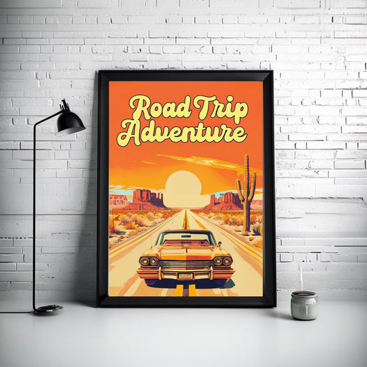 Poster of a vintage car on an open desert road with a sunset in the background, displayed in a minimalist room setting to evoke a sense of travel and adventure.