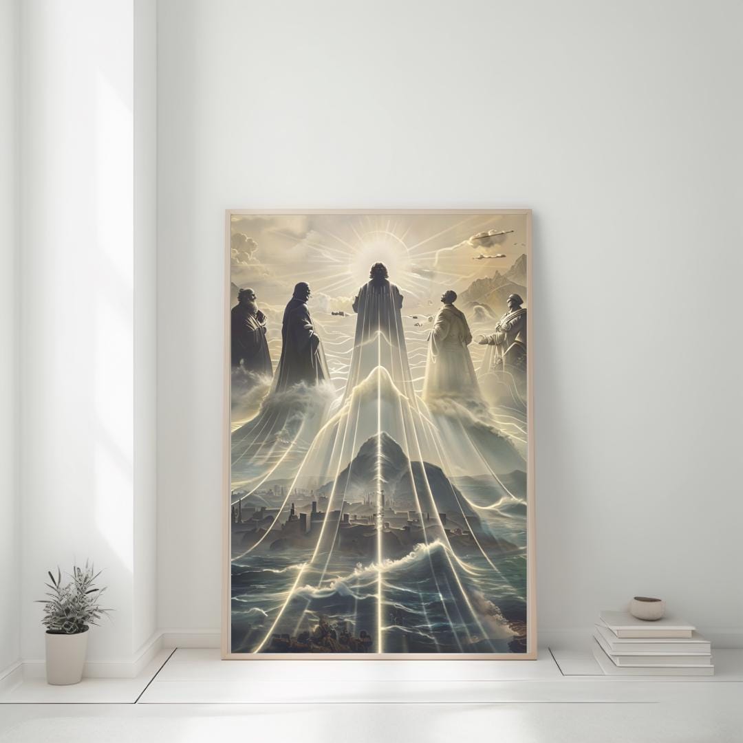 Framed poster of a mystical mountain scene with ethereal figures, displayed in various room settings, adding a spiritual and inspirational atmosphere.