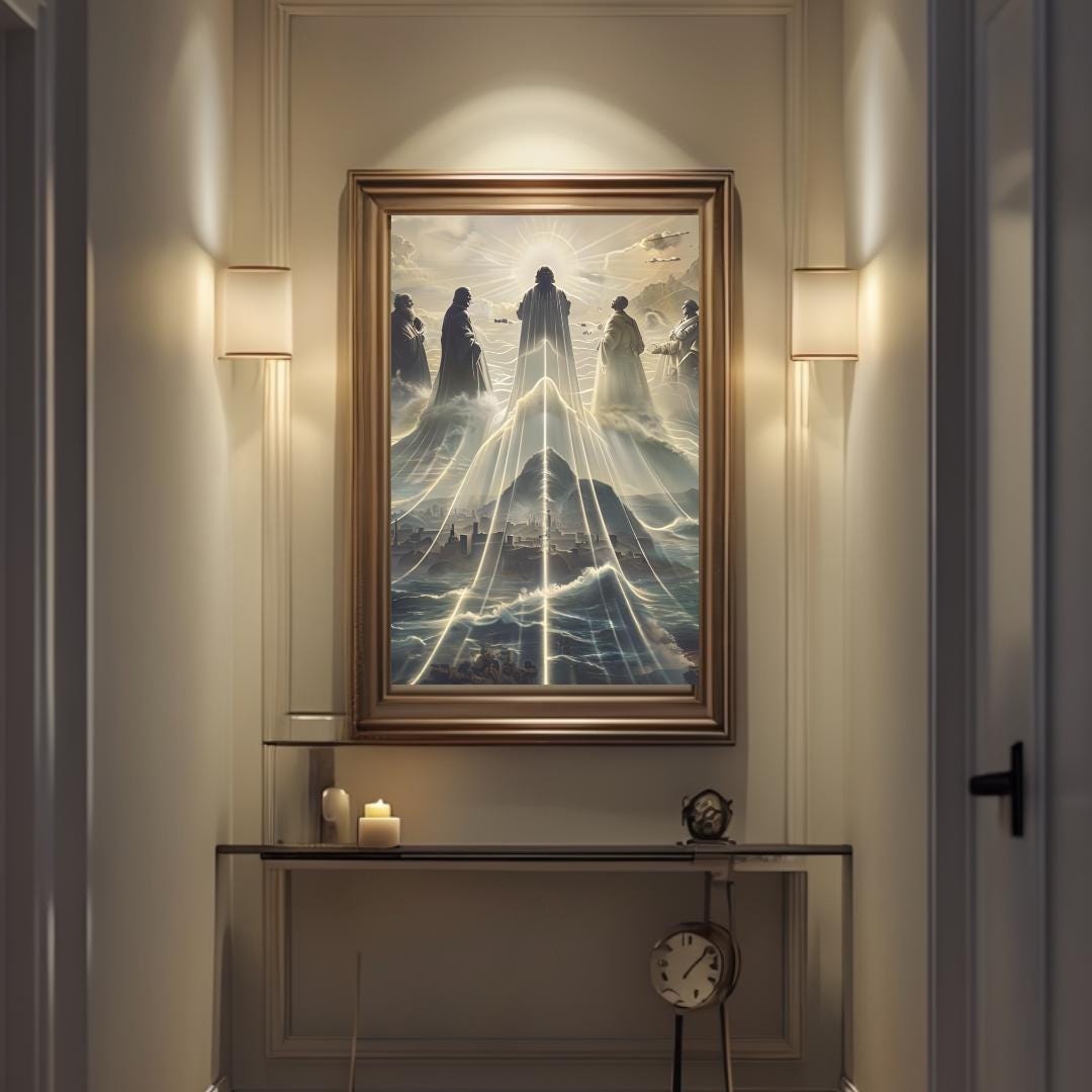 Framed poster of a mystical mountain scene with ethereal figures, displayed in various room settings, adding a spiritual and inspirational atmosphere.