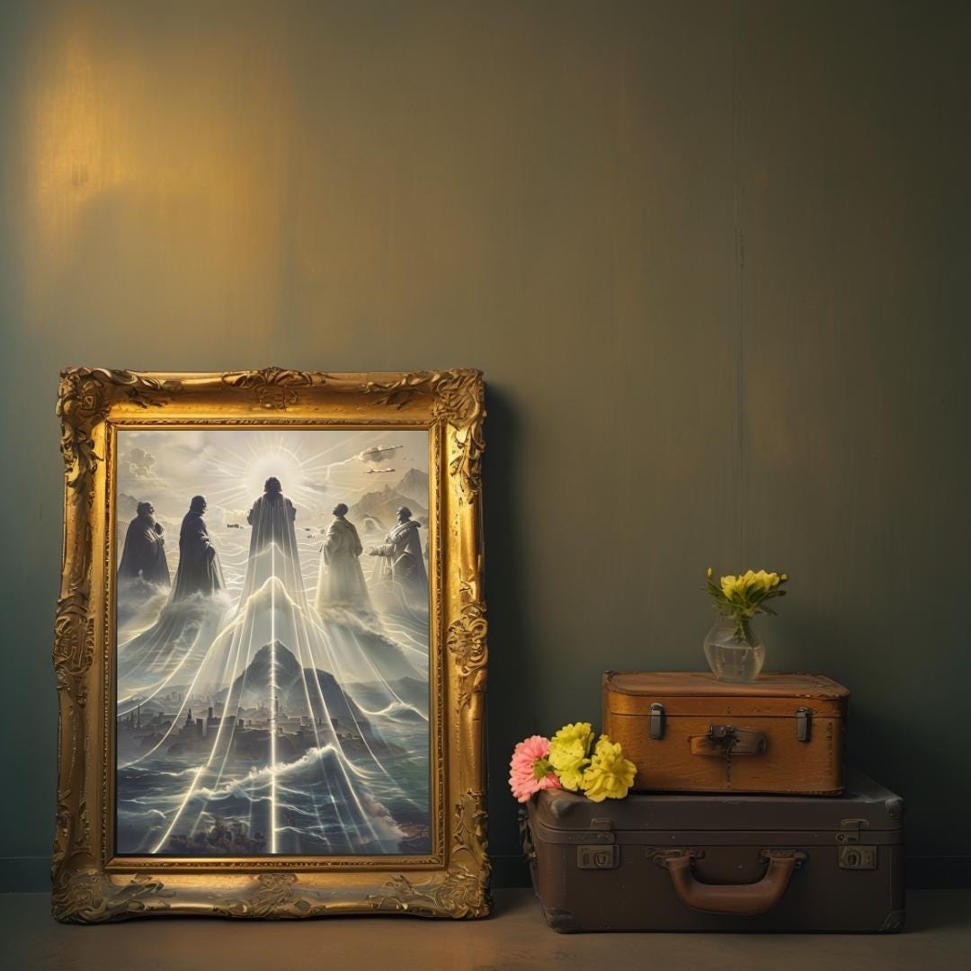 Framed poster of a mystical mountain scene with ethereal figures, displayed in various room settings, adding a spiritual and inspirational atmosphere.
