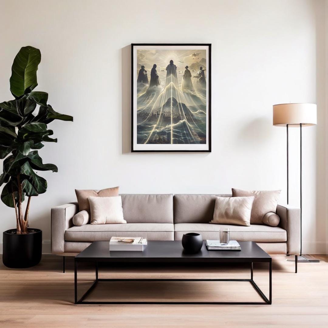 Framed poster of a mystical mountain scene with ethereal figures, displayed in various room settings, adding a spiritual and inspirational atmosphere.