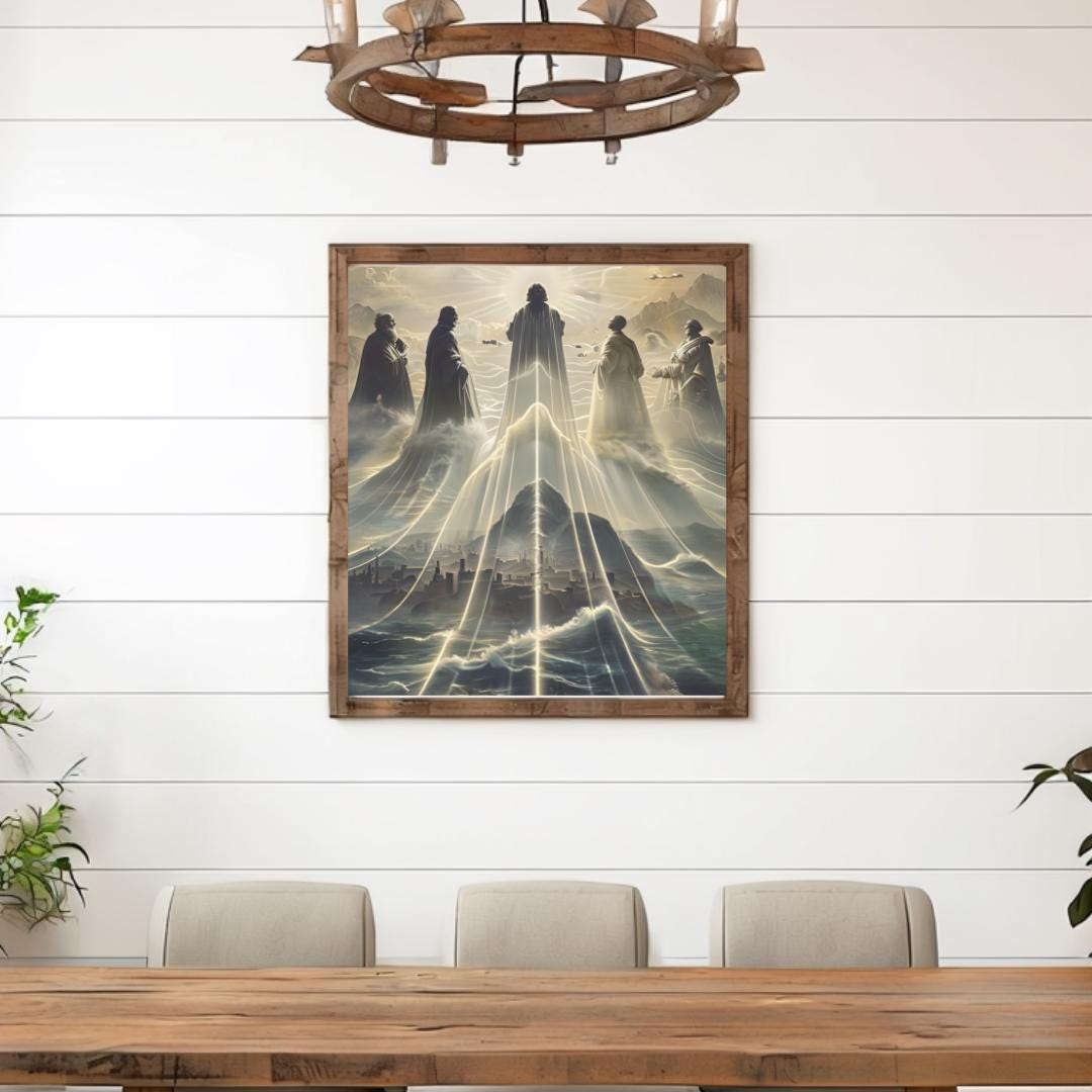 Framed poster of a mystical mountain scene with ethereal figures, displayed in various room settings, adding a spiritual and inspirational atmosphere.