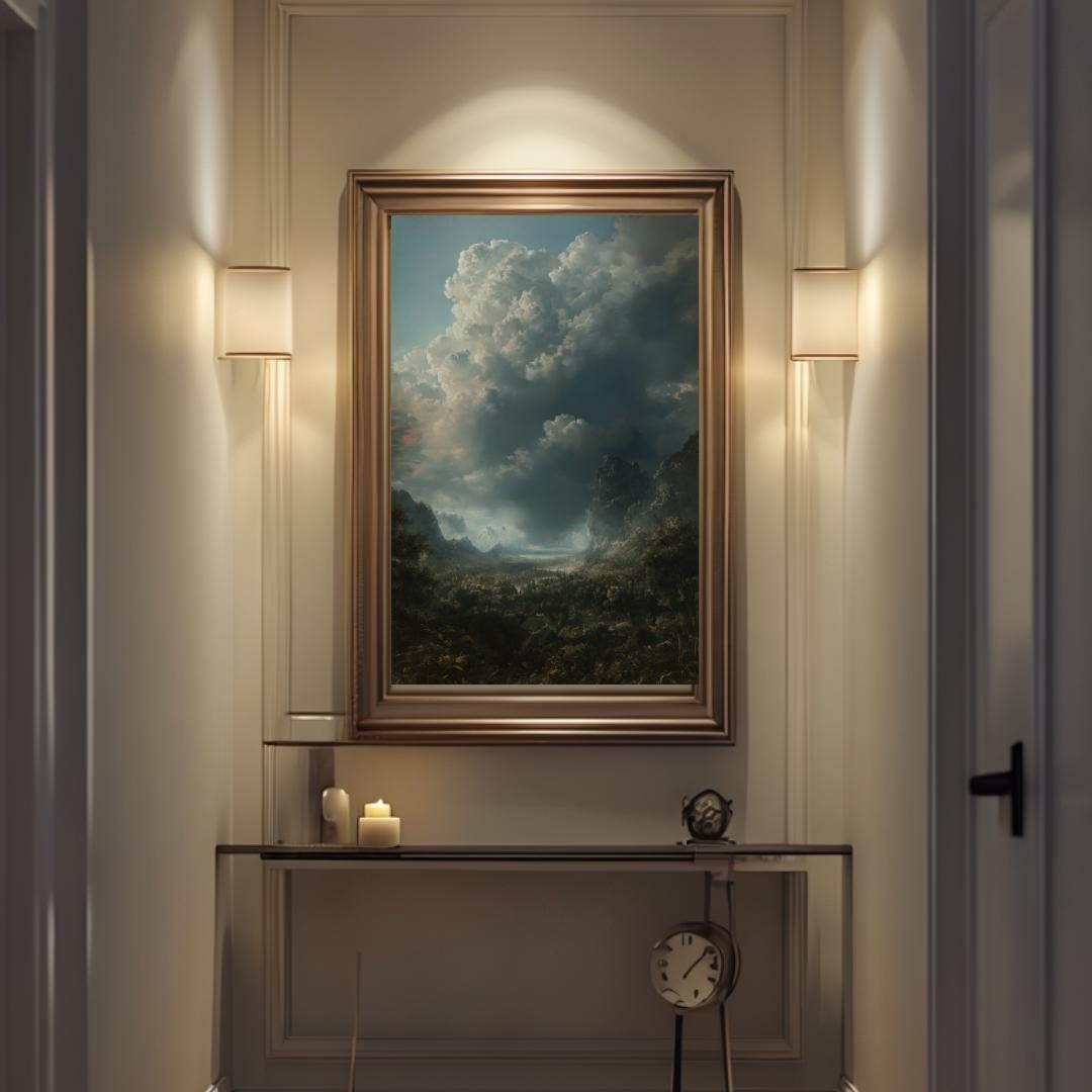 Moody stormy landscape with dark clouds and rugged mountains, creating an atmospheric and gothic nature art print, perfect for dramatic or dark aesthetic decor.
