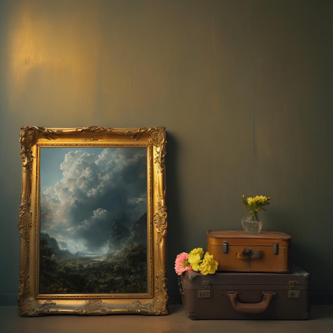 Moody stormy landscape with dark clouds and rugged mountains, creating an atmospheric and gothic nature art print, perfect for dramatic or dark aesthetic decor.