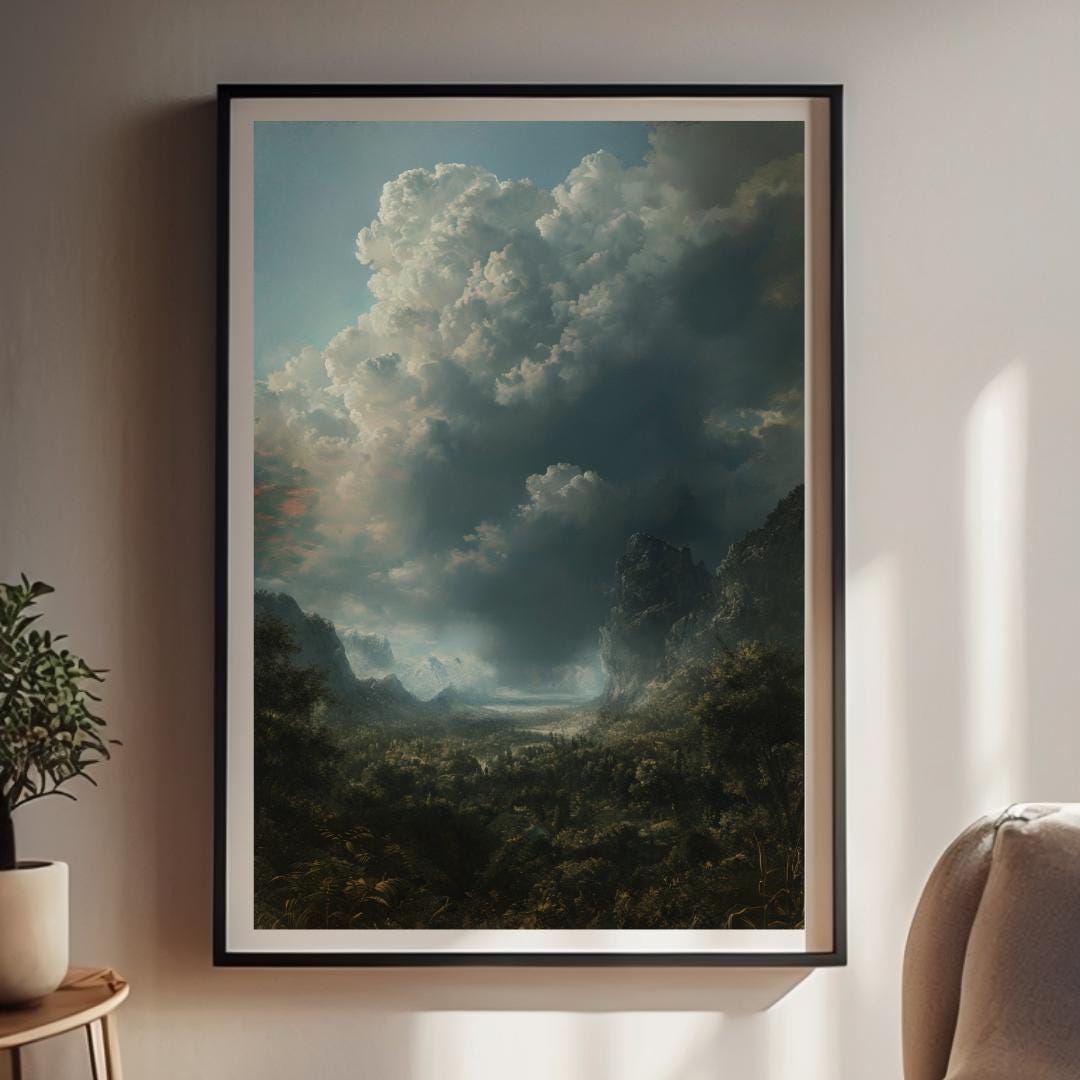 Moody stormy landscape with dark clouds and rugged mountains, creating an atmospheric and gothic nature art print, perfect for dramatic or dark aesthetic decor.