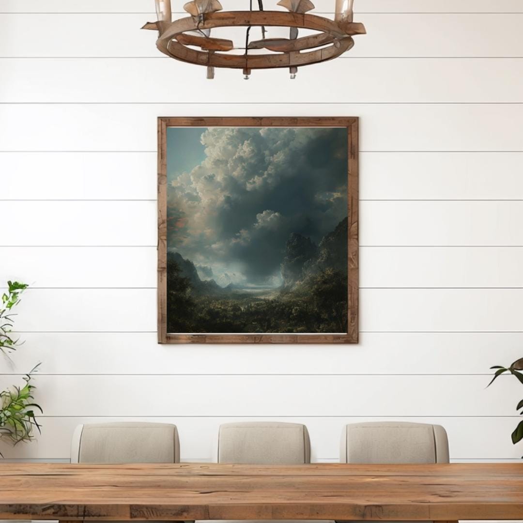 Moody stormy landscape with dark clouds and rugged mountains, creating an atmospheric and gothic nature art print, perfect for dramatic or dark aesthetic decor.