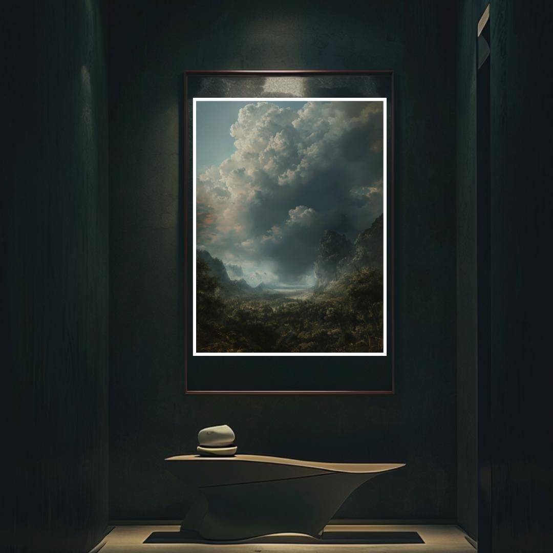 Moody stormy landscape with dark clouds and rugged mountains, creating an atmospheric and gothic nature art print, perfect for dramatic or dark aesthetic decor.