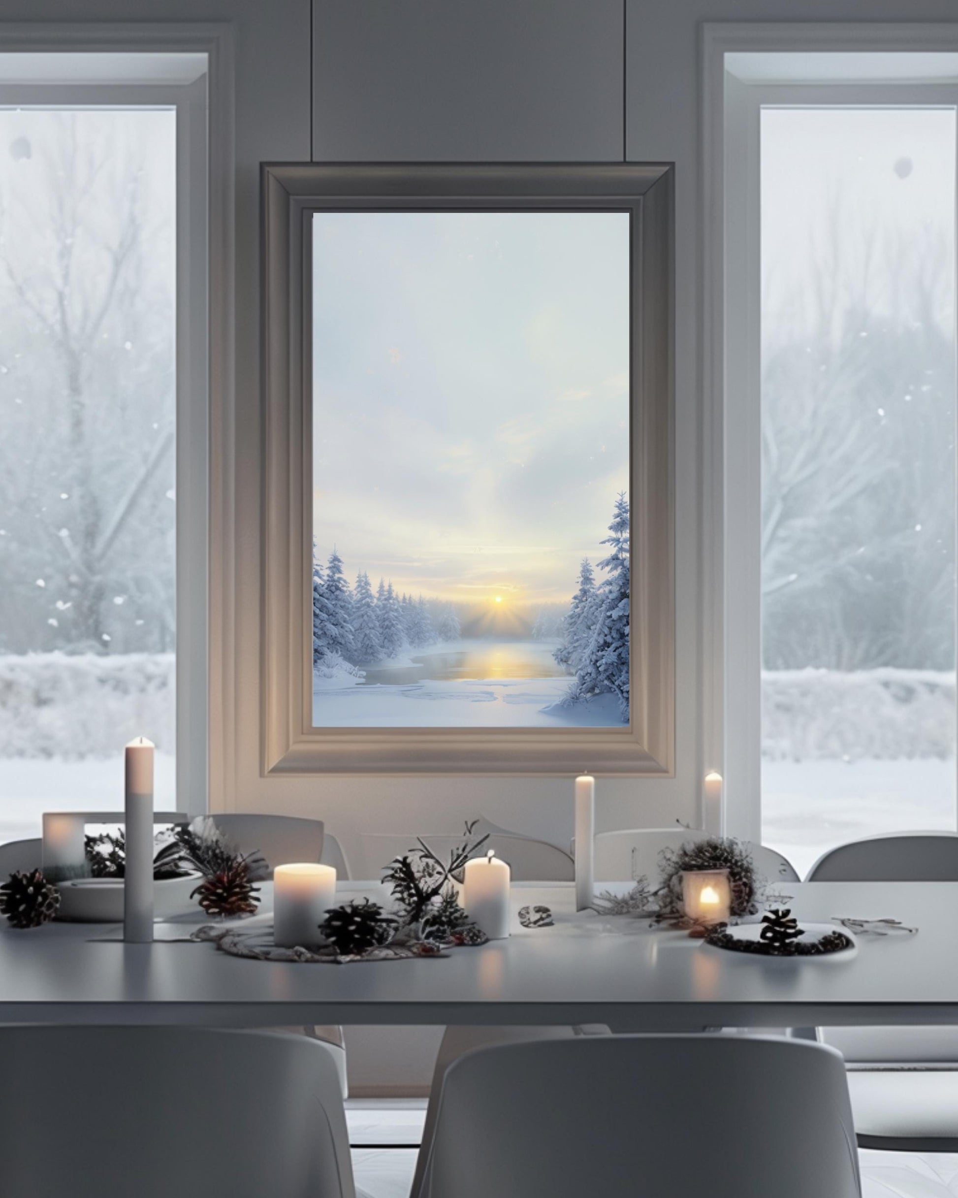 Serene snowy forest scene with sunrise, ideal for winter and Christmas home decor.