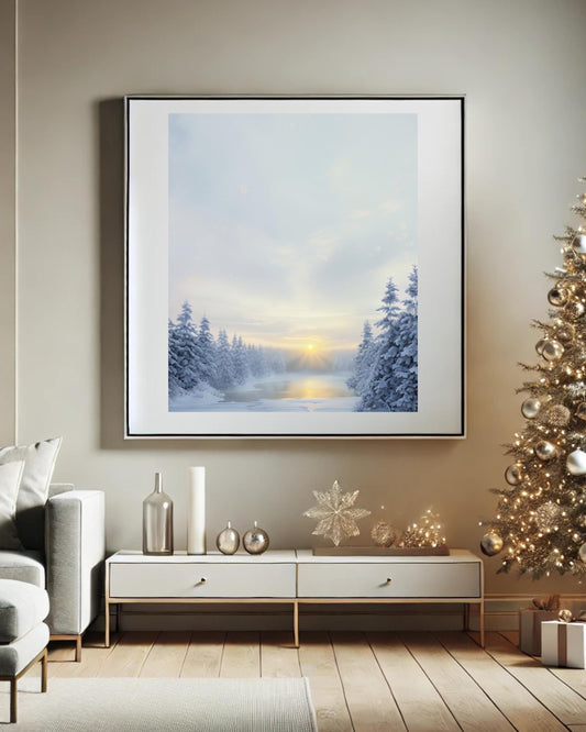 Serene snowy forest scene with sunrise, ideal for winter and Christmas home decor.