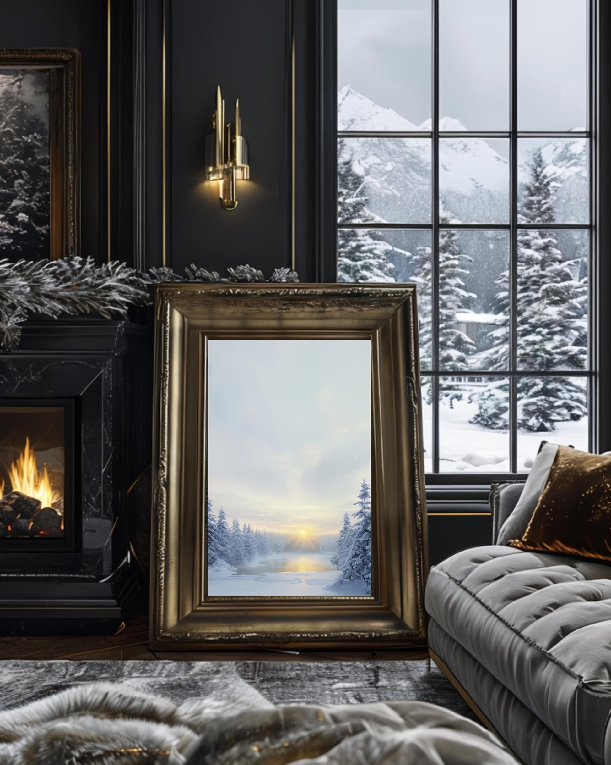 Serene snowy forest scene with sunrise, ideal for winter and Christmas home decor.