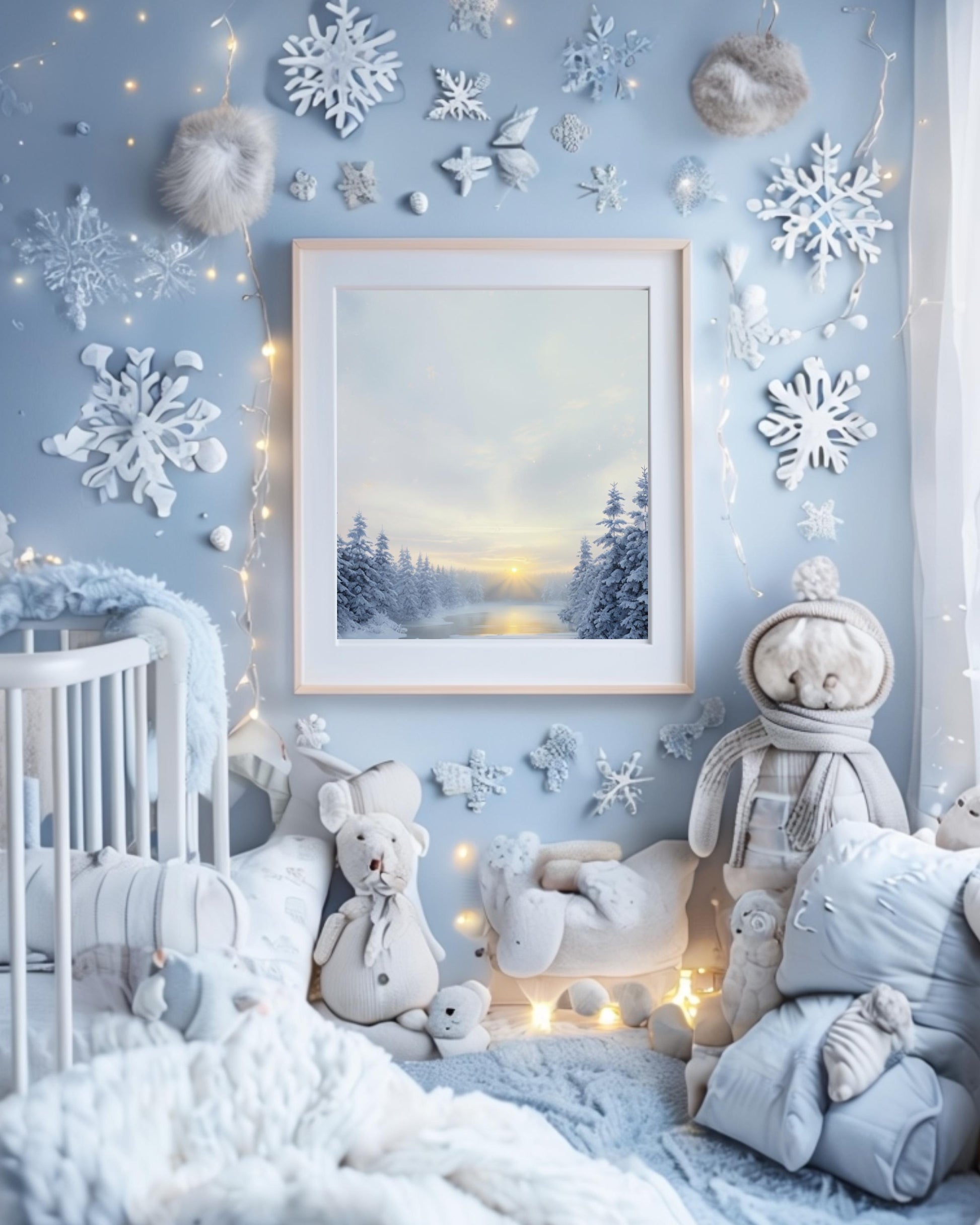 Serene snowy forest scene with sunrise, ideal for winter and Christmas home decor.