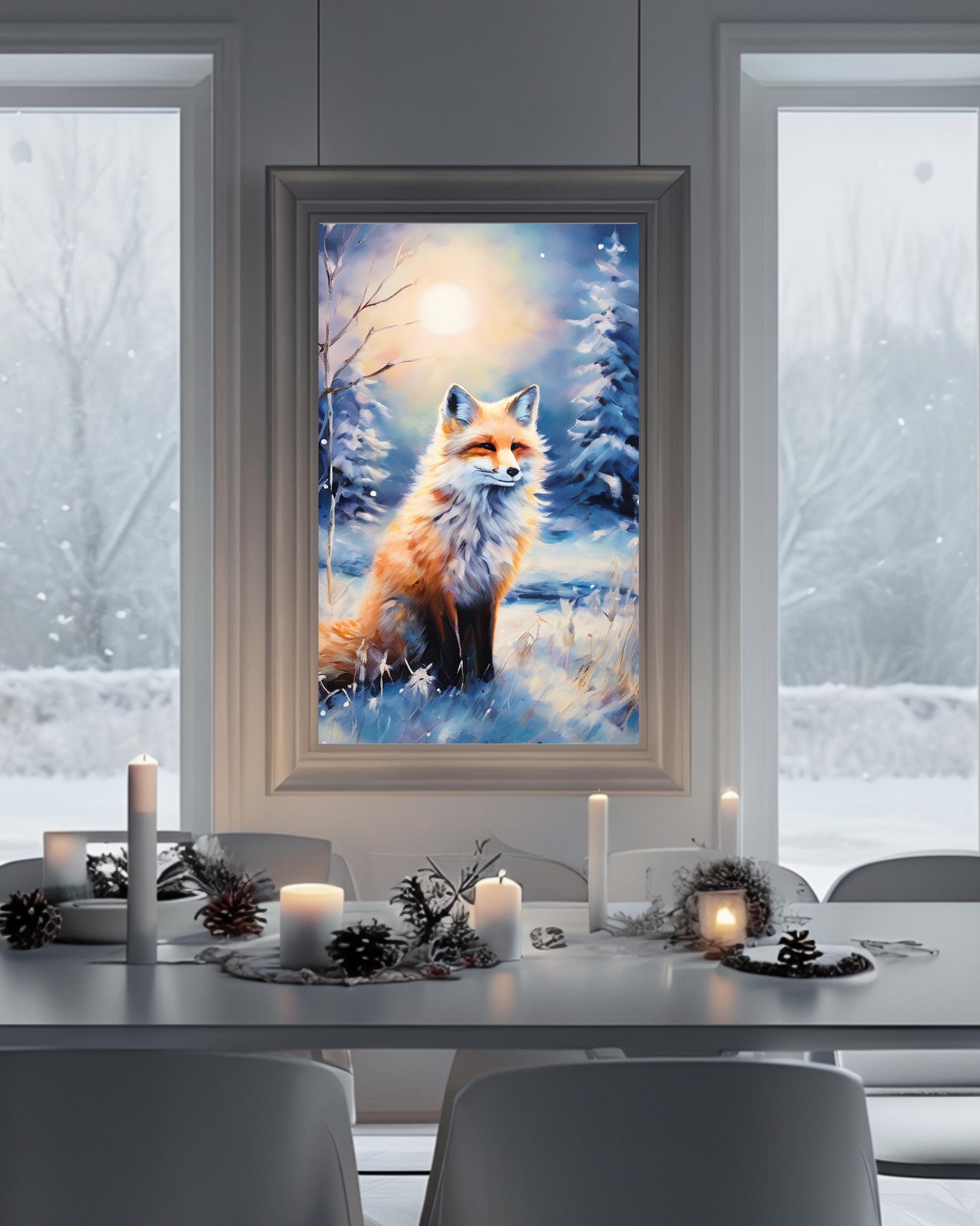 Winter woodland fox art print, perfect for cozy holiday decor, digital download.