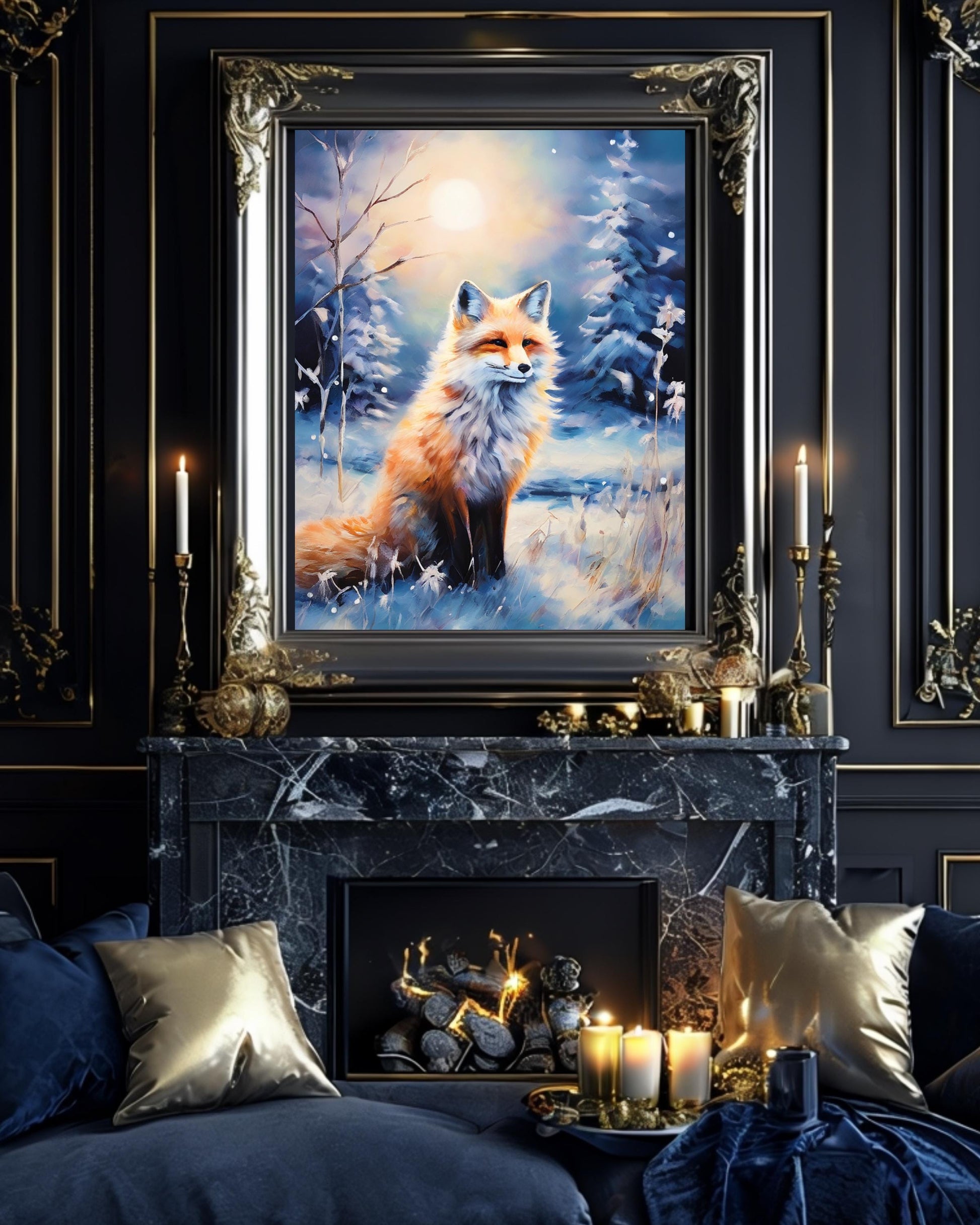 Winter woodland fox art print, perfect for cozy holiday decor, digital download.