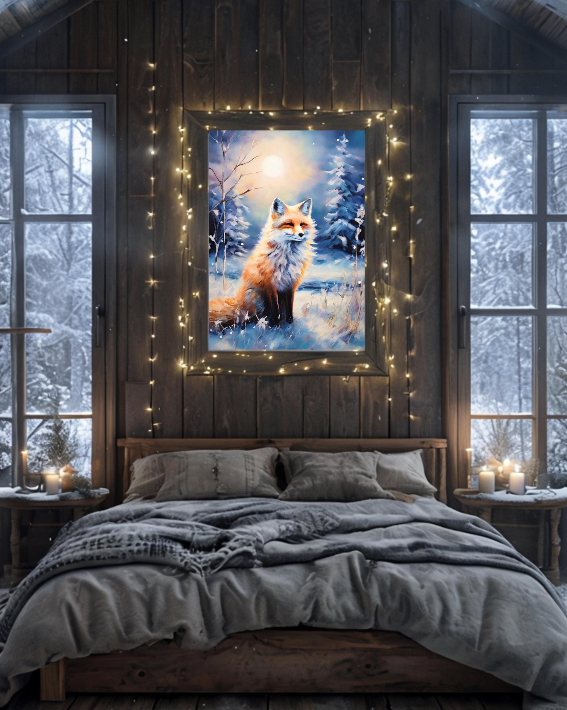 Winter woodland fox art print, perfect for cozy holiday decor, digital download.