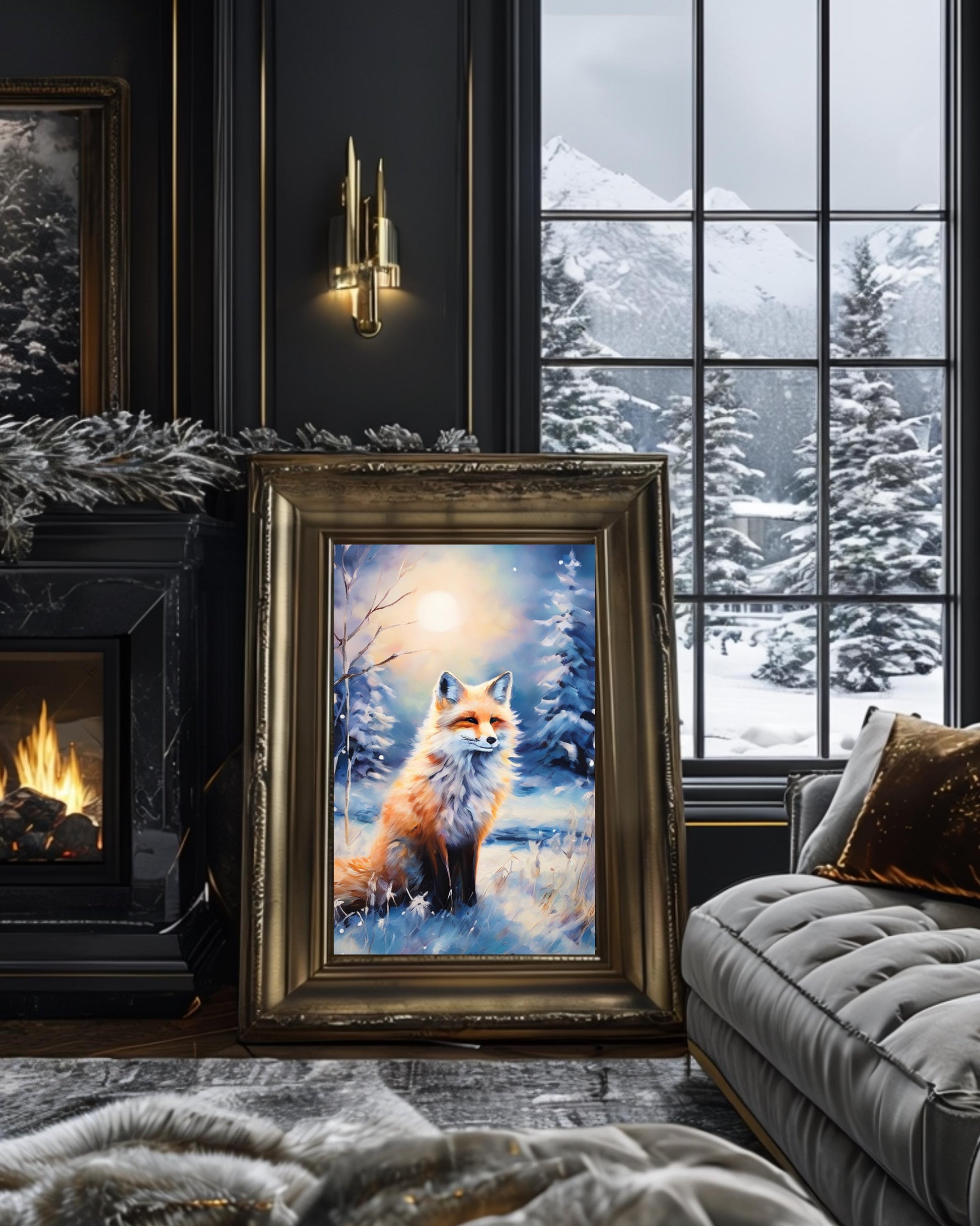Winter woodland fox art print, perfect for cozy holiday decor, digital download.