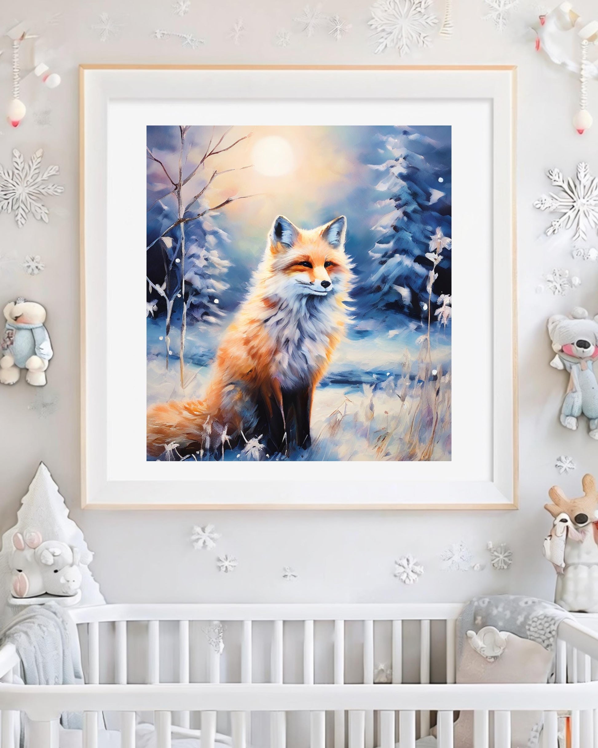 Winter woodland fox art print, perfect for cozy holiday decor, digital download.