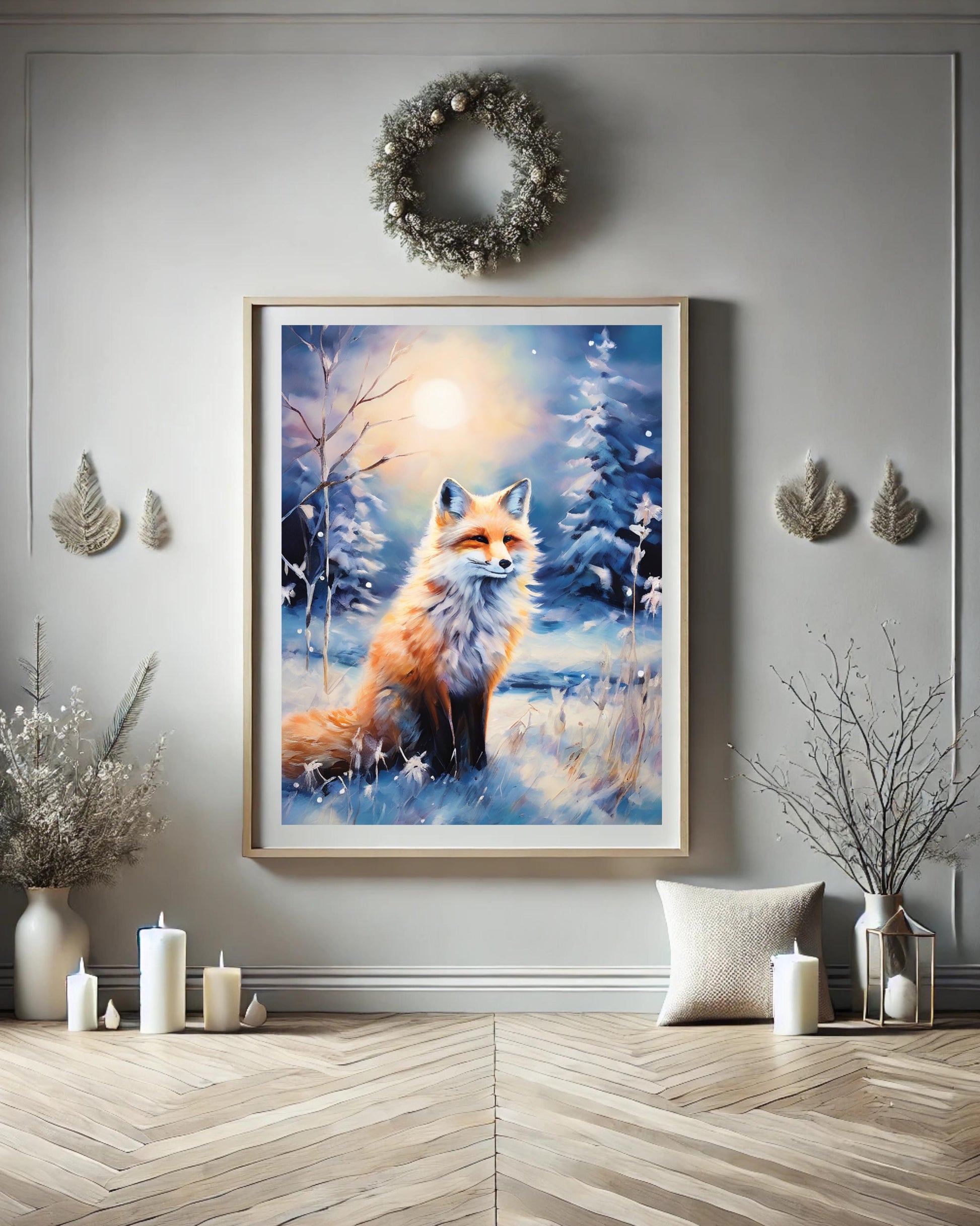 Winter woodland fox art print, perfect for cozy holiday decor, digital download.