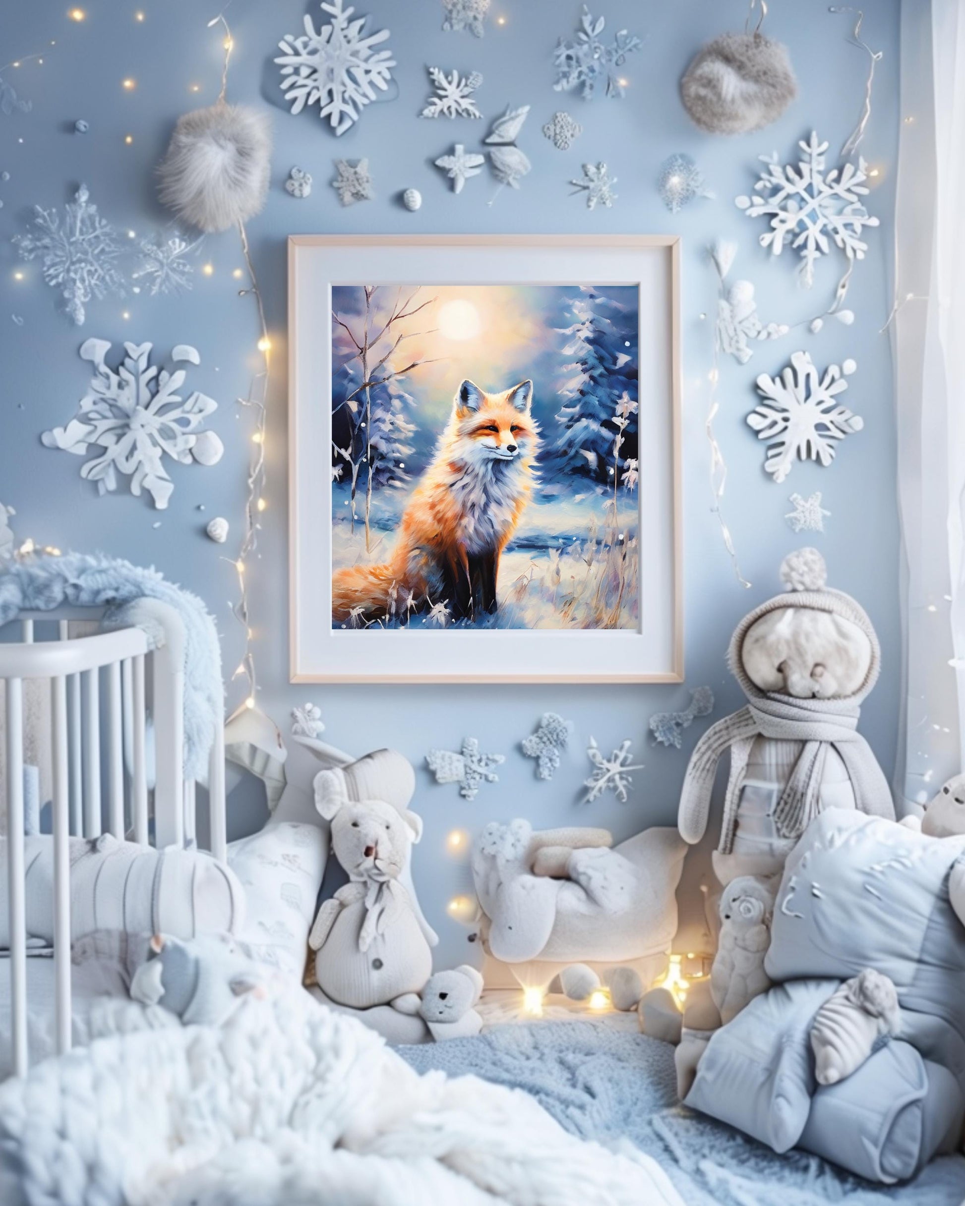 Winter woodland fox art print, perfect for cozy holiday decor, digital download.