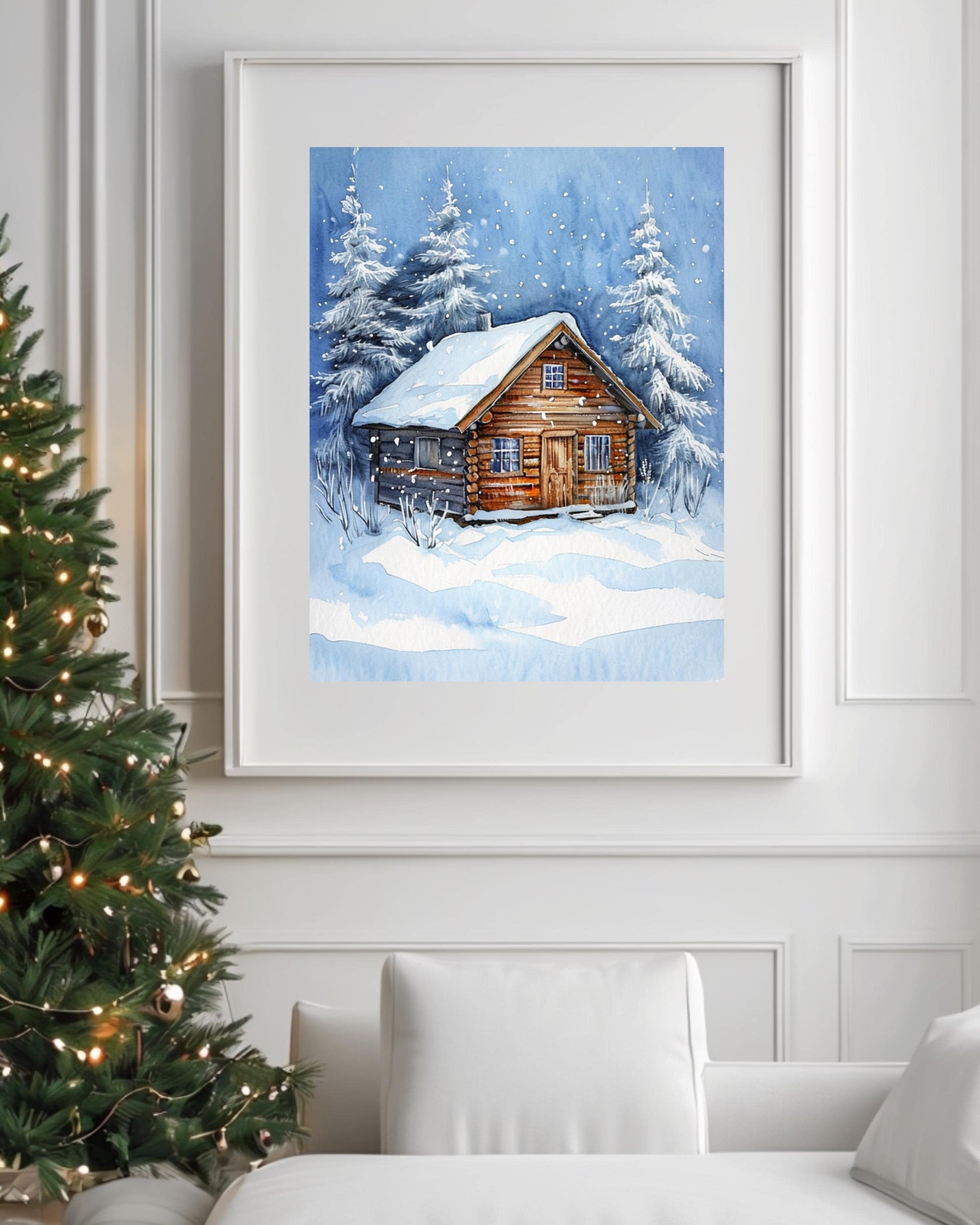 This poster displays a rustic snowy cabin surrounded by pine trees and snowflakes, framed in different room settings like the living room, bedroom, or nursery. It's perfect for winter decor and holiday-themed interiors, adding a cozy, festive touch.