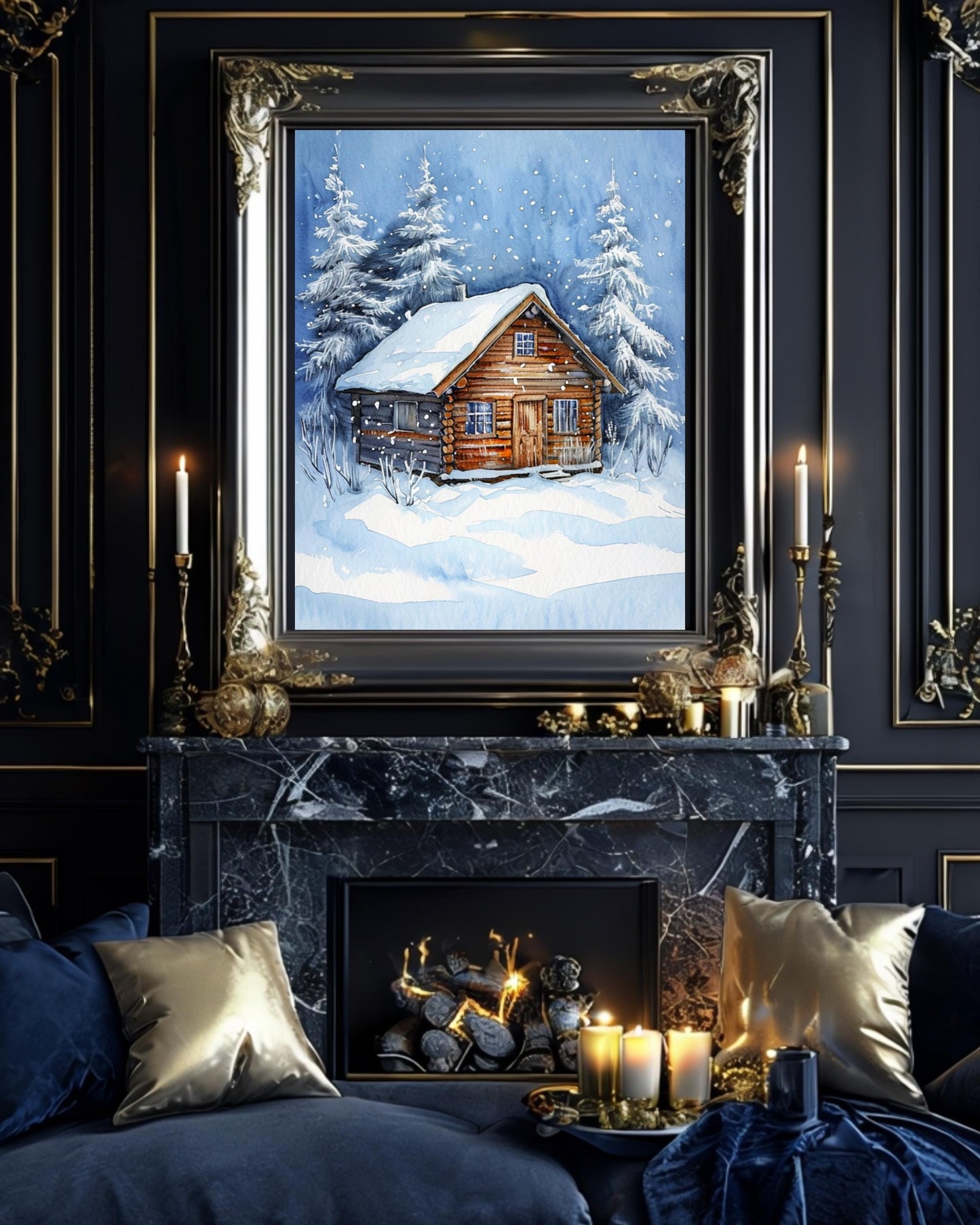 This poster displays a rustic snowy cabin surrounded by pine trees and snowflakes, framed in different room settings like the living room, bedroom, or nursery. It's perfect for winter decor and holiday-themed interiors, adding a cozy, festive touch.