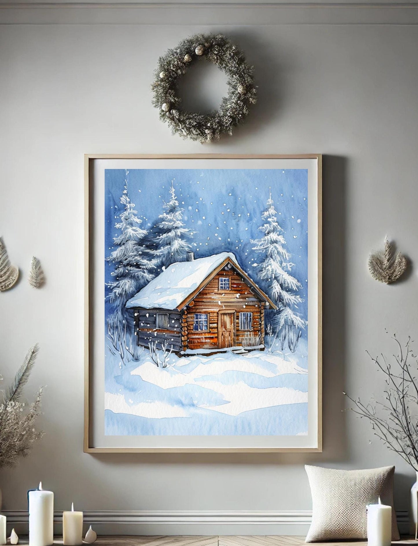 This poster displays a rustic snowy cabin surrounded by pine trees and snowflakes, framed in different room settings like the living room, bedroom, or nursery. It's perfect for winter decor and holiday-themed interiors, adding a cozy, festive touch.