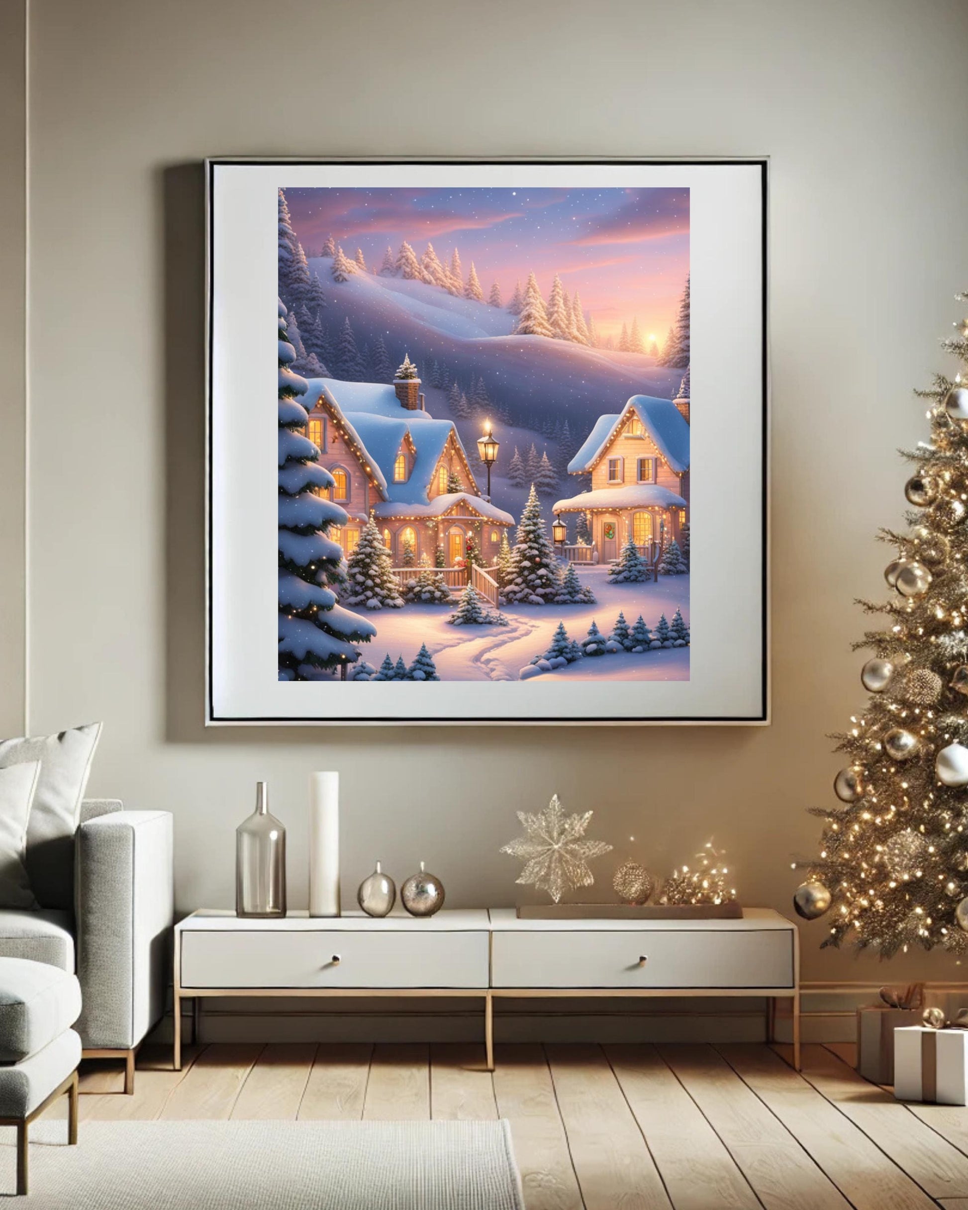 This poster showcases a cozy snowy cottage surrounded by trees under a winter sky. Displayed in various room settings, including living room, bedroom, or nursery, it's ideal for winter decor and holiday-themed interiors.