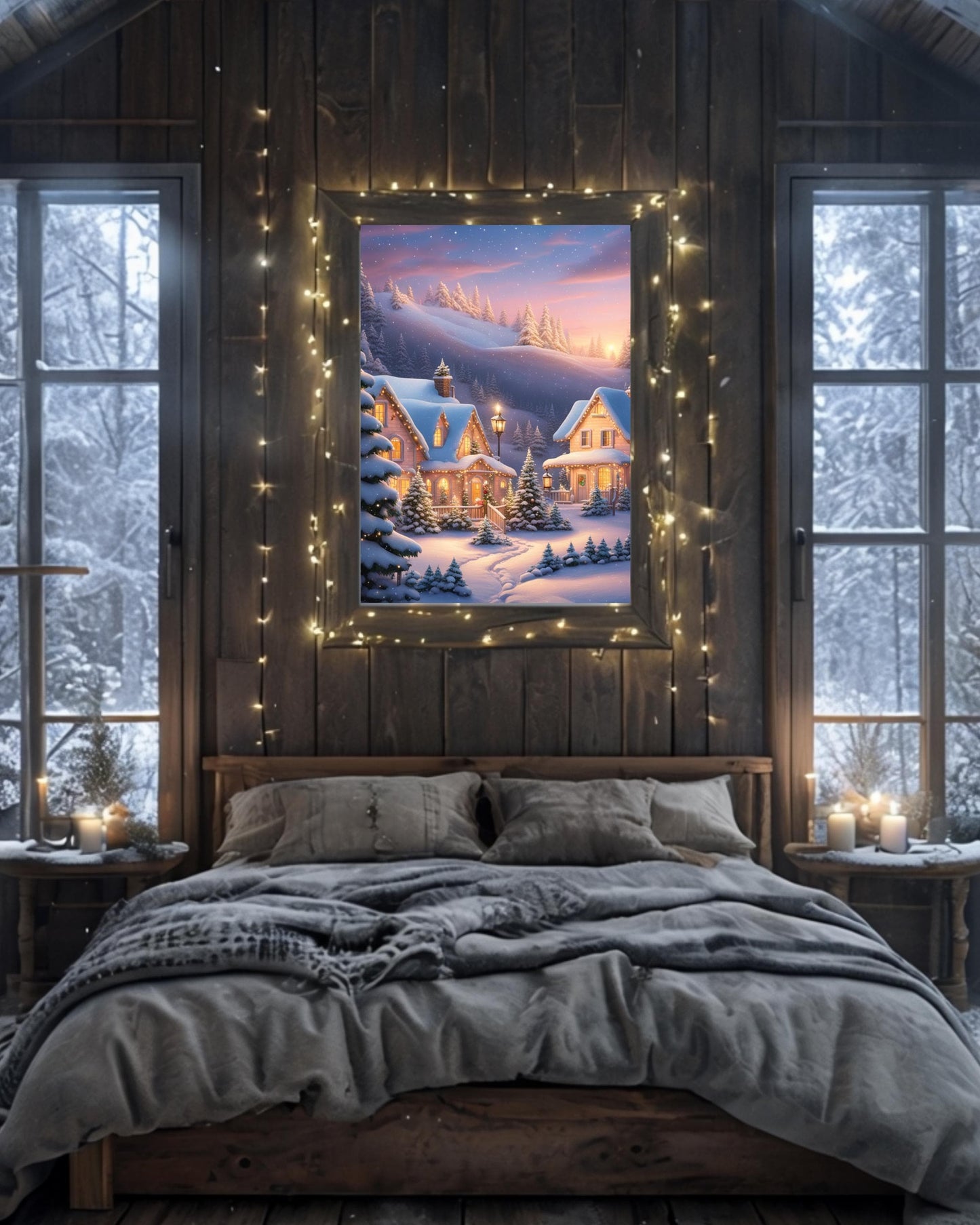 This poster showcases a cozy snowy cottage surrounded by trees under a winter sky. Displayed in various room settings, including living room, bedroom, or nursery, it's ideal for winter decor and holiday-themed interiors.