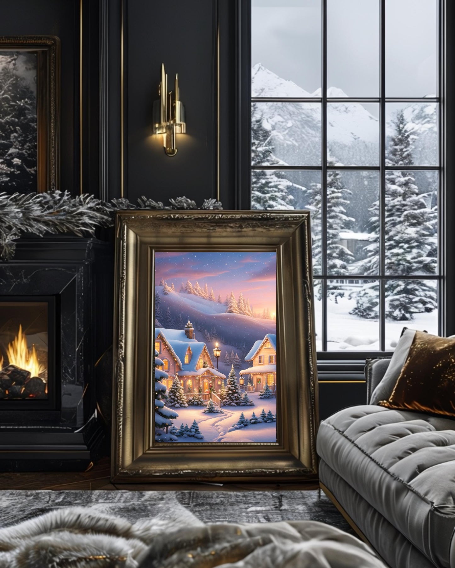 This poster showcases a cozy snowy cottage surrounded by trees under a winter sky. Displayed in various room settings, including living room, bedroom, or nursery, it's ideal for winter decor and holiday-themed interiors.