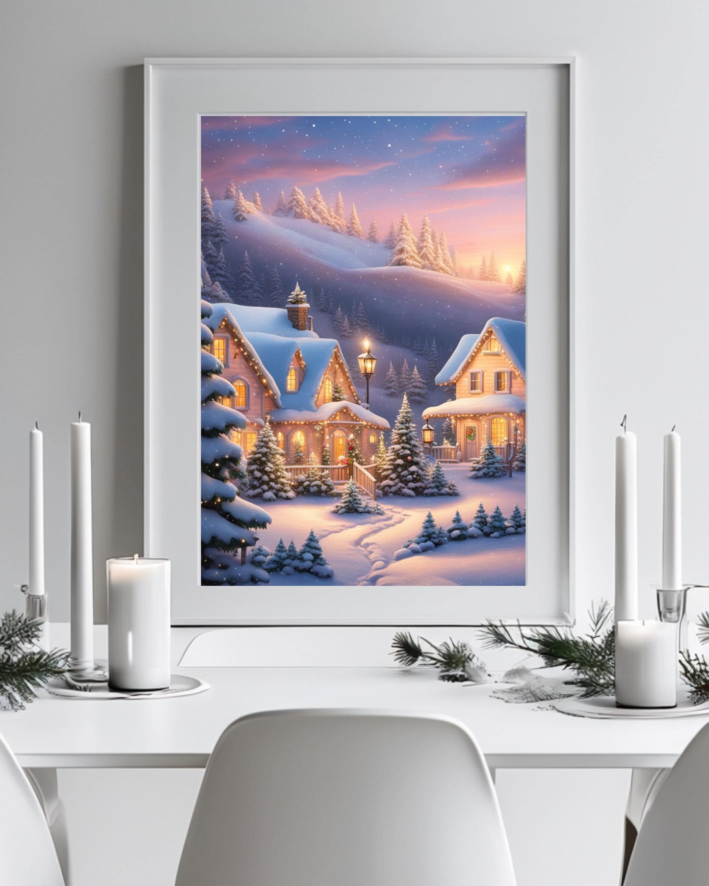 This poster showcases a cozy snowy cottage surrounded by trees under a winter sky. Displayed in various room settings, including living room, bedroom, or nursery, it's ideal for winter decor and holiday-themed interiors.