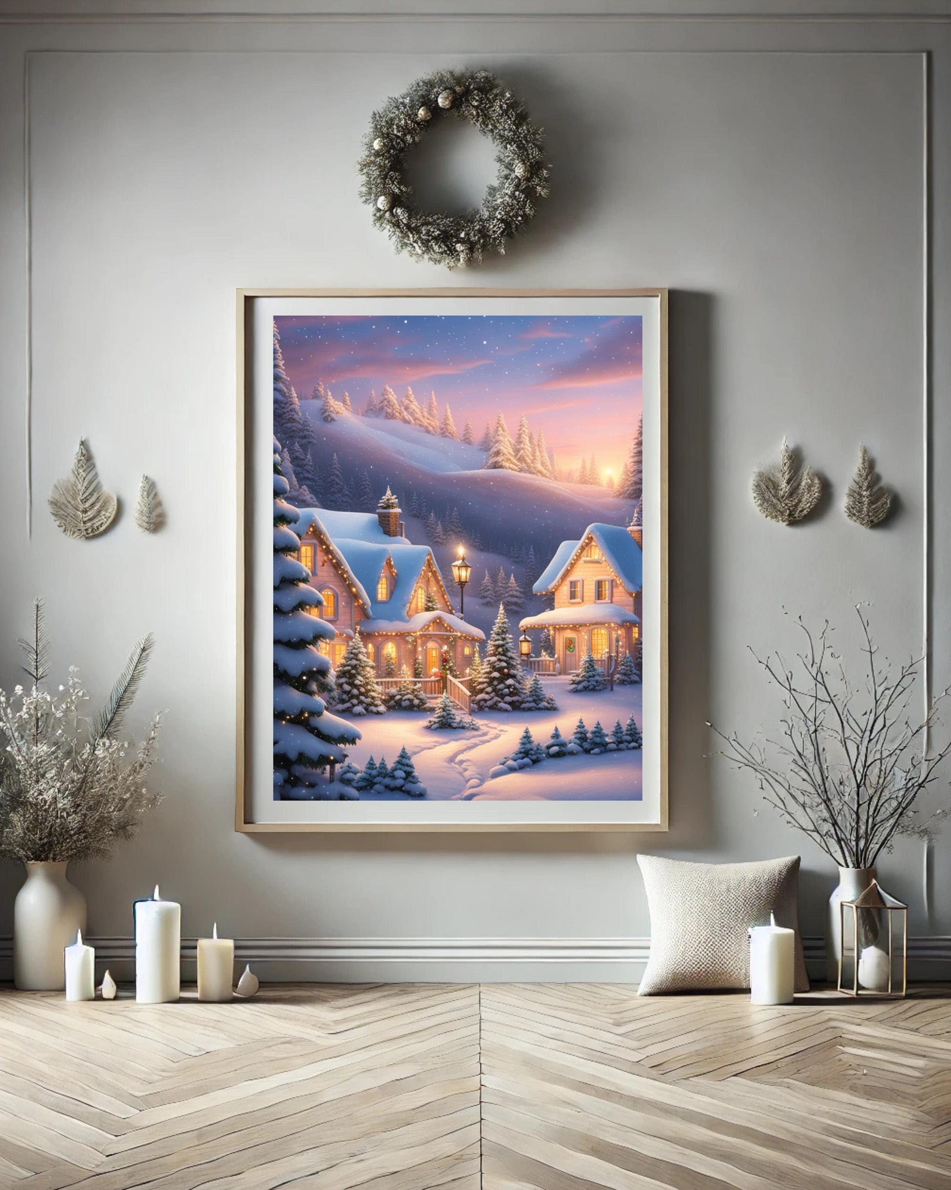 This poster showcases a cozy snowy cottage surrounded by trees under a winter sky. Displayed in various room settings, including living room, bedroom, or nursery, it's ideal for winter decor and holiday-themed interiors.