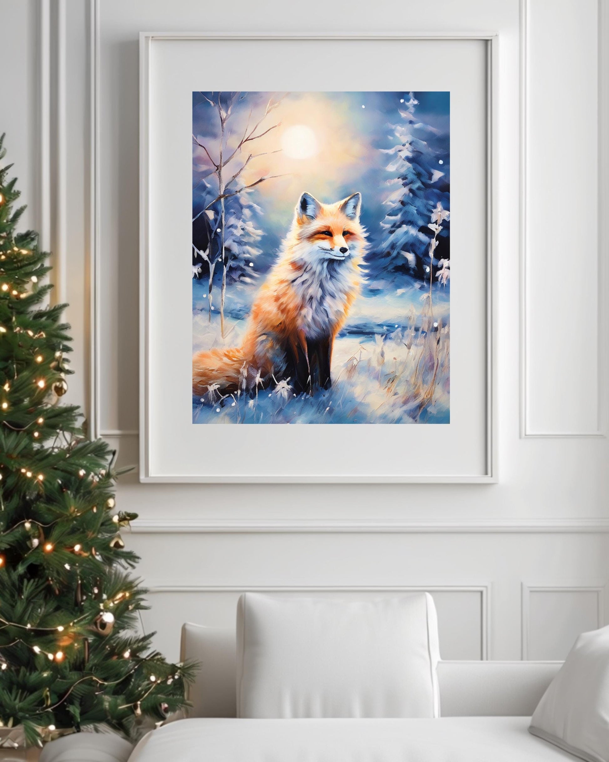 Winter woodland fox art print, perfect for cozy holiday decor, digital download.