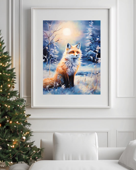Winter woodland fox art print, perfect for cozy holiday decor, digital download.